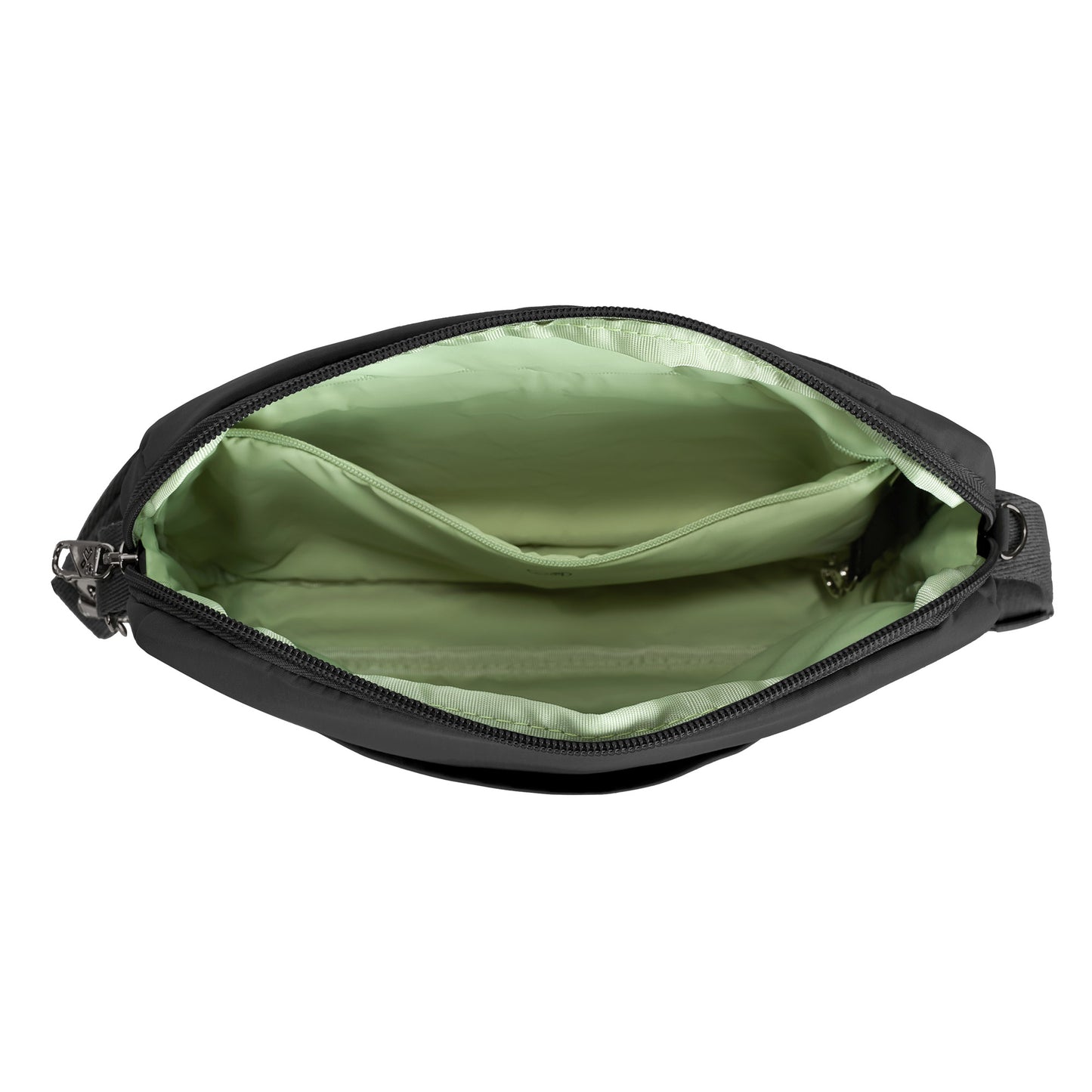 Travelon Roam Crossbody, black with green inside and a zippered pocket on one side.