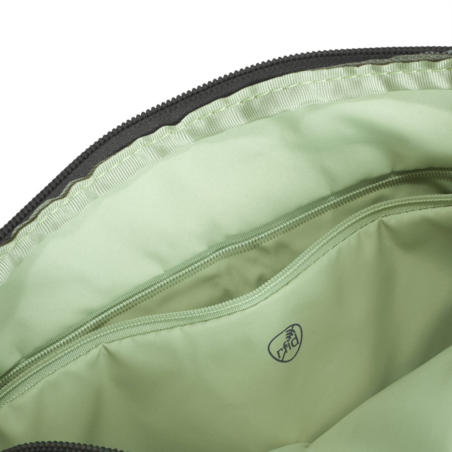 Open green interior of Travelon Roam Anti-theft Crossbody with a zip pocket and small logo in lightweight nylon.