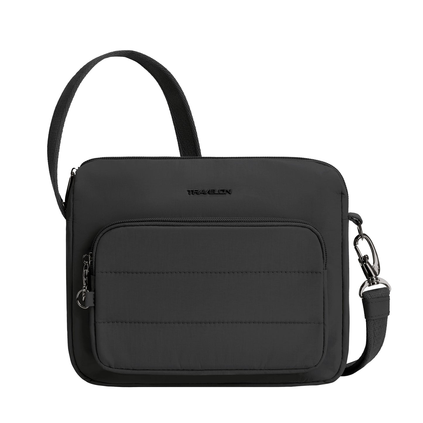 The Travelon Roam Crossbody is lightweight nylon with a zip pocket, adjustable strap, silver hardware, and anti-theft.