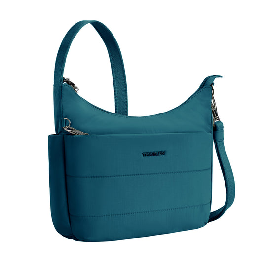 Product Image – Capri blue Travelon Roam Anti-theft Crossbody: lightweight nylon, zipper, side pocket & shoulder strap with branded front.