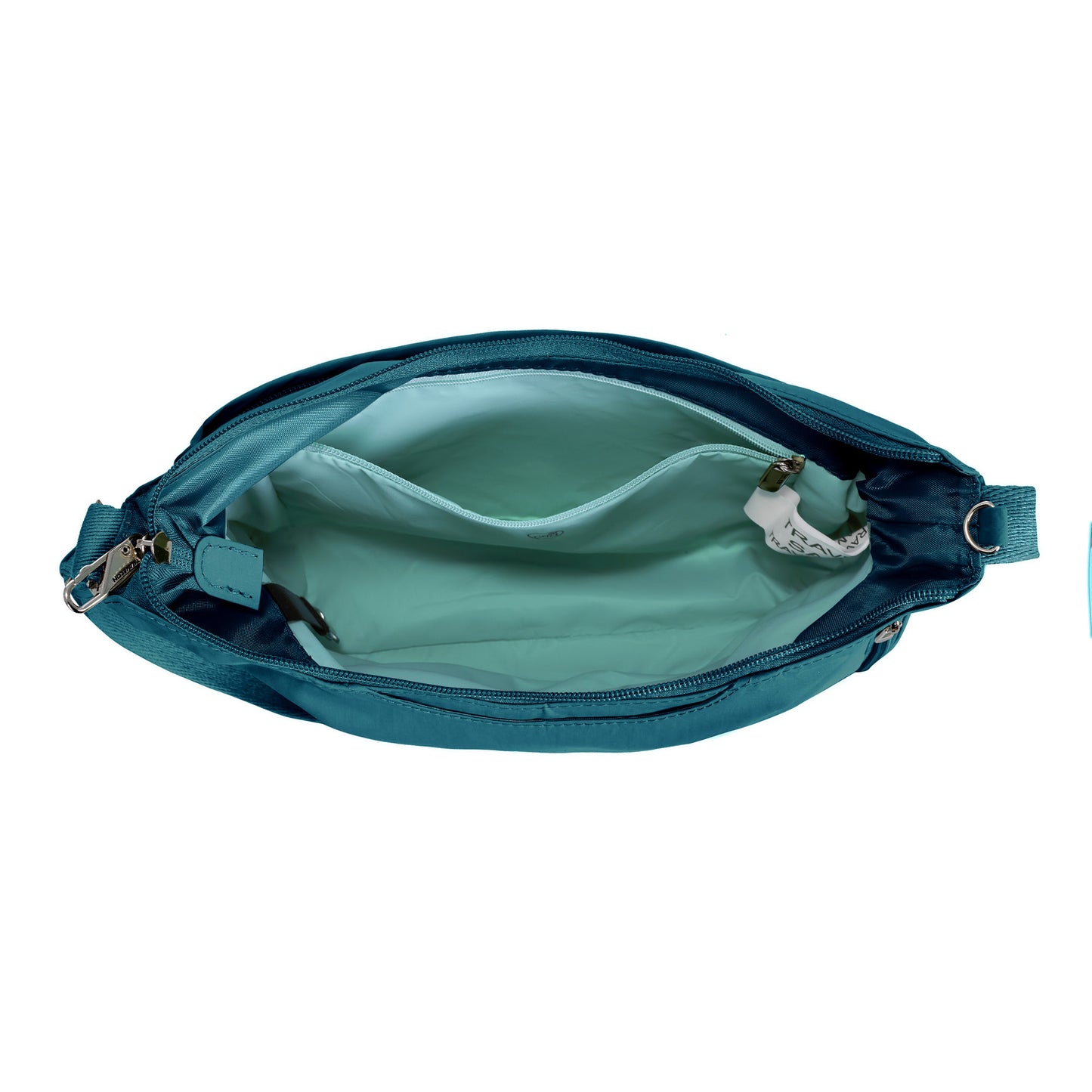 Open the Travelon Roam Anti-theft Medium Crossbody to discover pockets and a small item; it’s lightweight and secure.