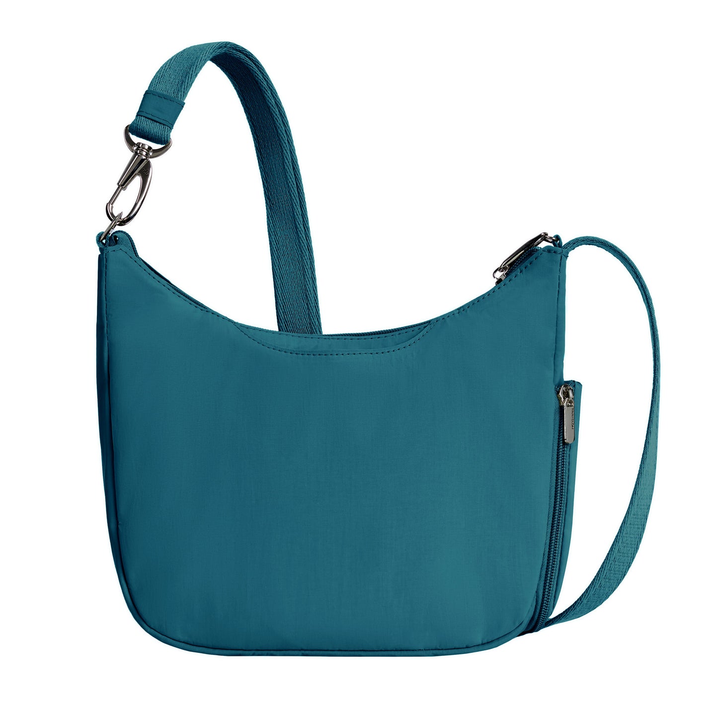 Back view of the Travelon Roam Anti-theft Medium Crossbody in capri blue features a zipper, adjustable strap, and lightweight nylon.
