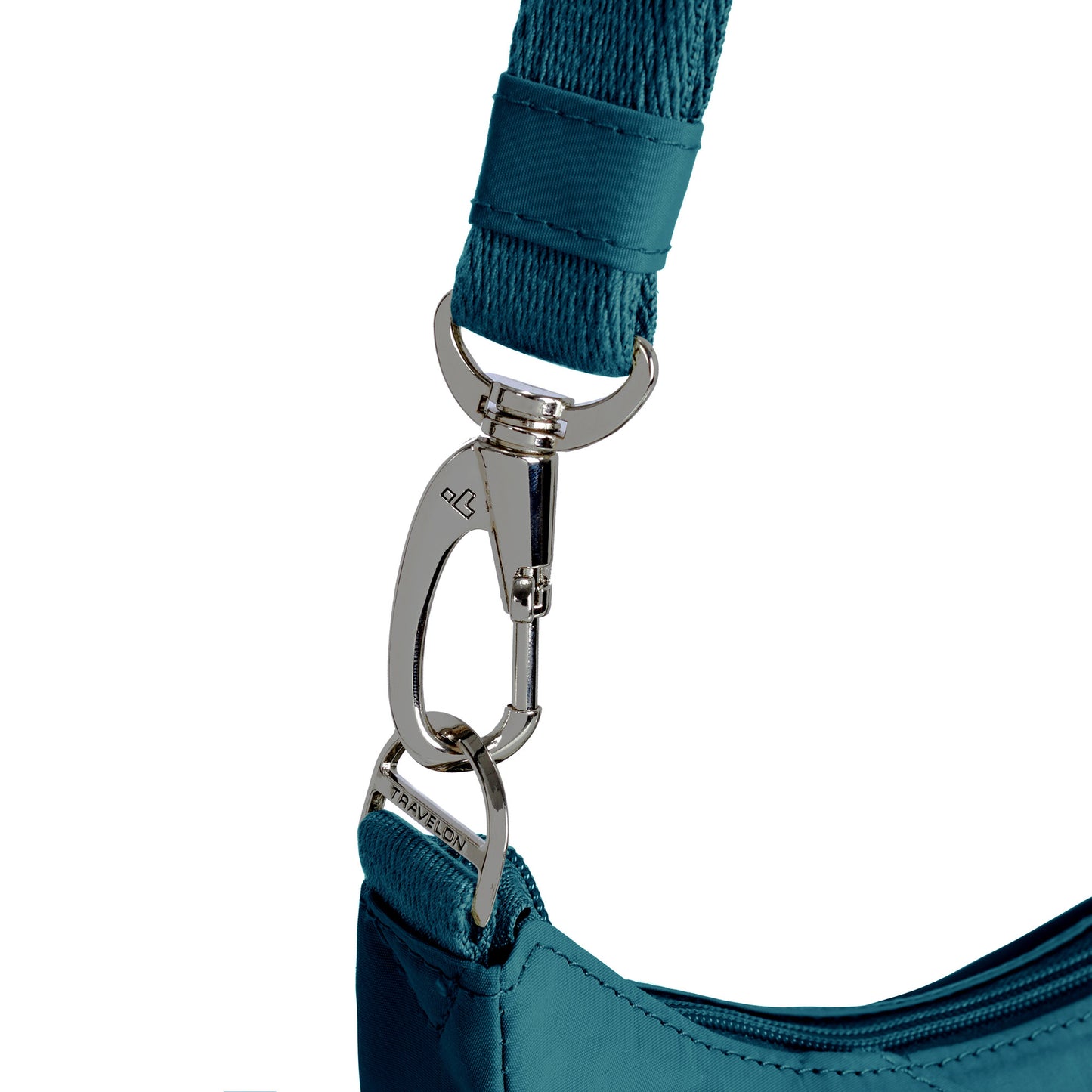 Close-up of the capri blue Travelon Roam Anti-theft Medium Crossbody with a silver swivel hook attachment.