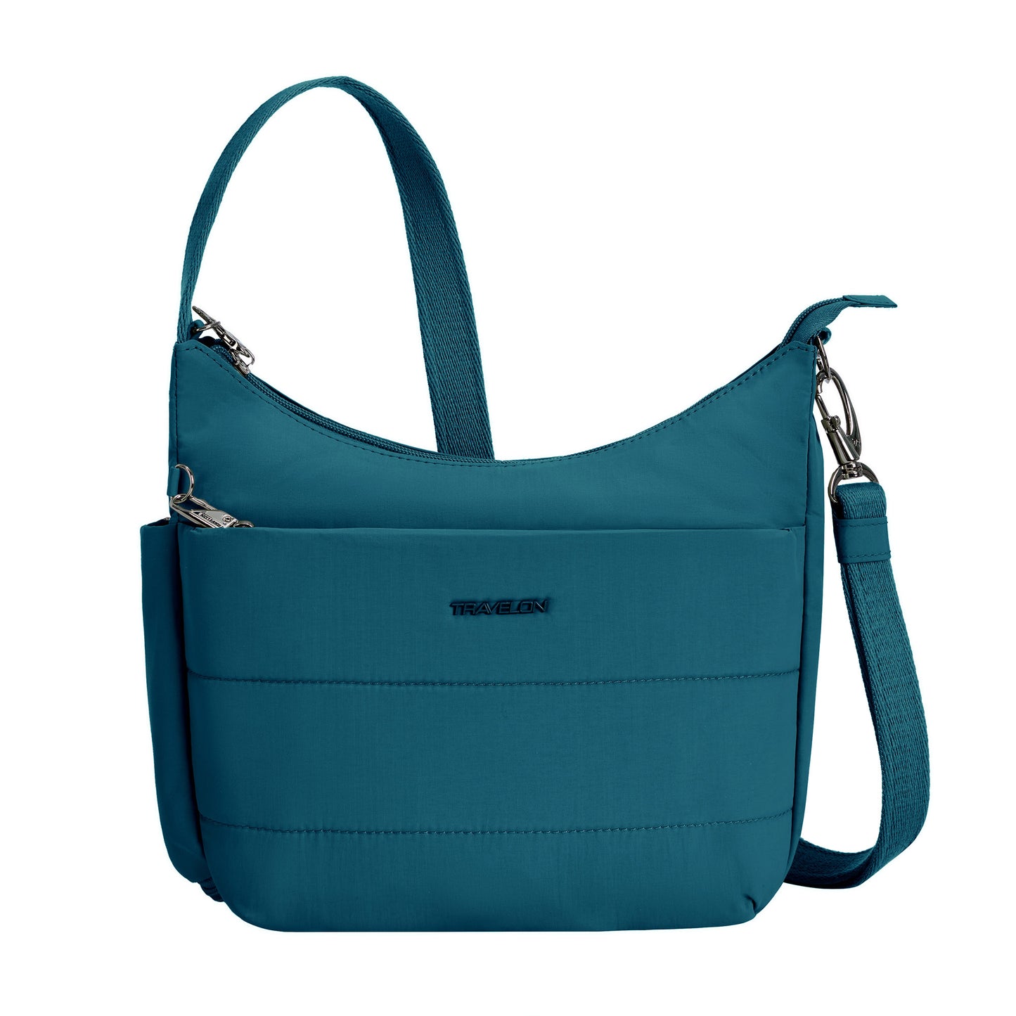 Capri blue Travelon Roam Anti-theft Medium Crossbody in lightweight nylon with zip closure, side pocket, and adjustable strap.