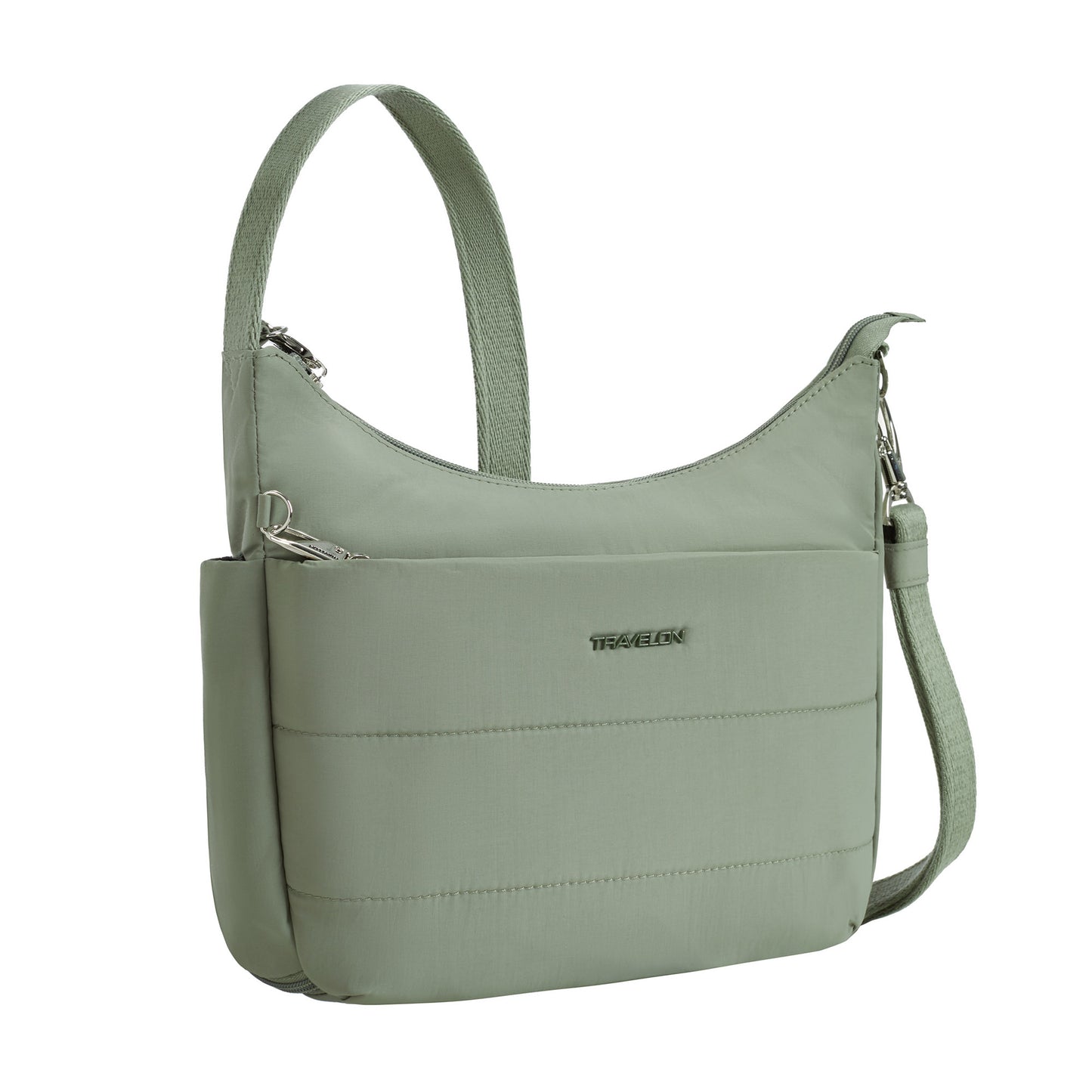 Travelon Roam Anti-theft Medium Crossbody in moss green with silver hardware, curved design, and side pocket.