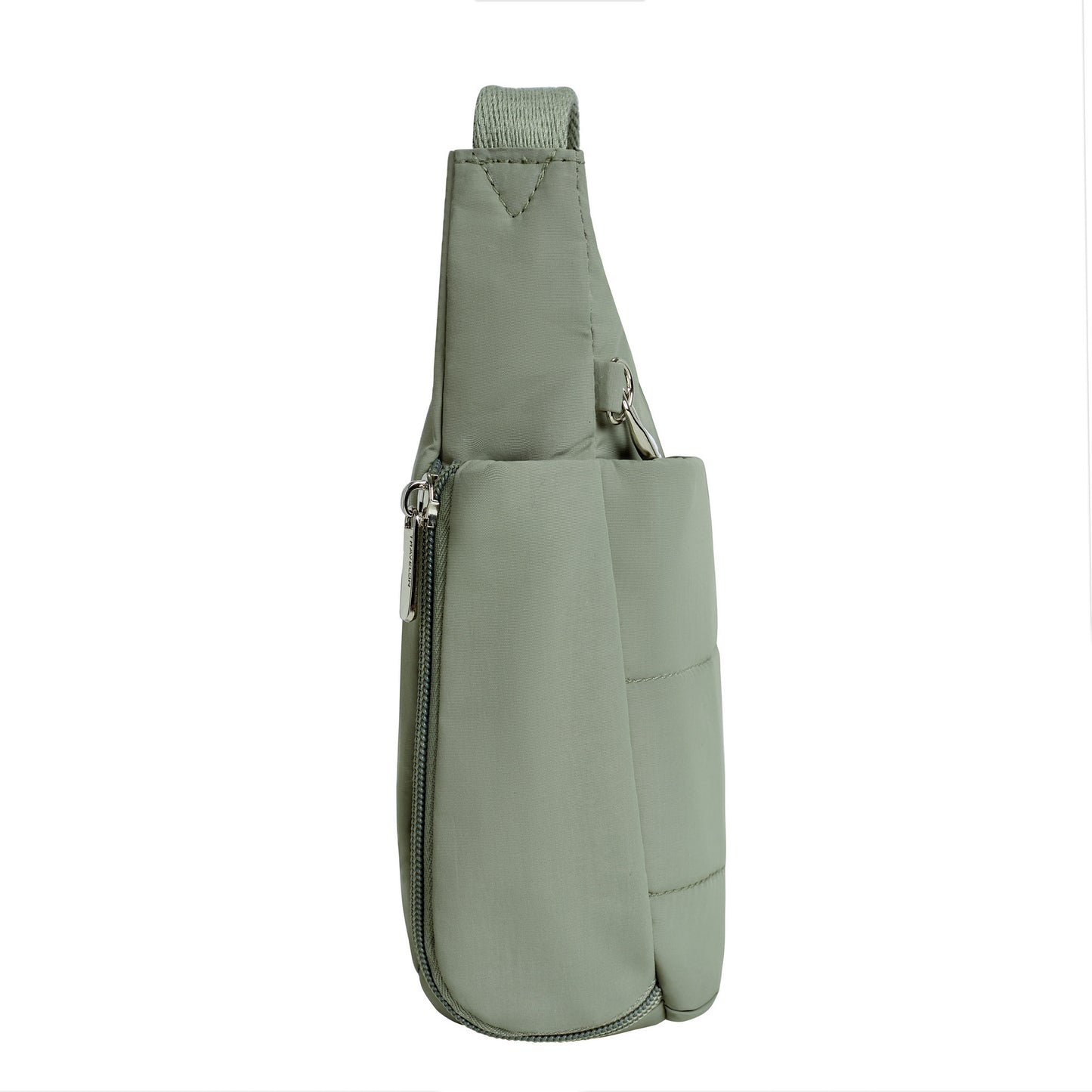 Side view of the Travelon Roam anti-theft crossbody in moss green has a lightweight nylon build and an adjustable strap.