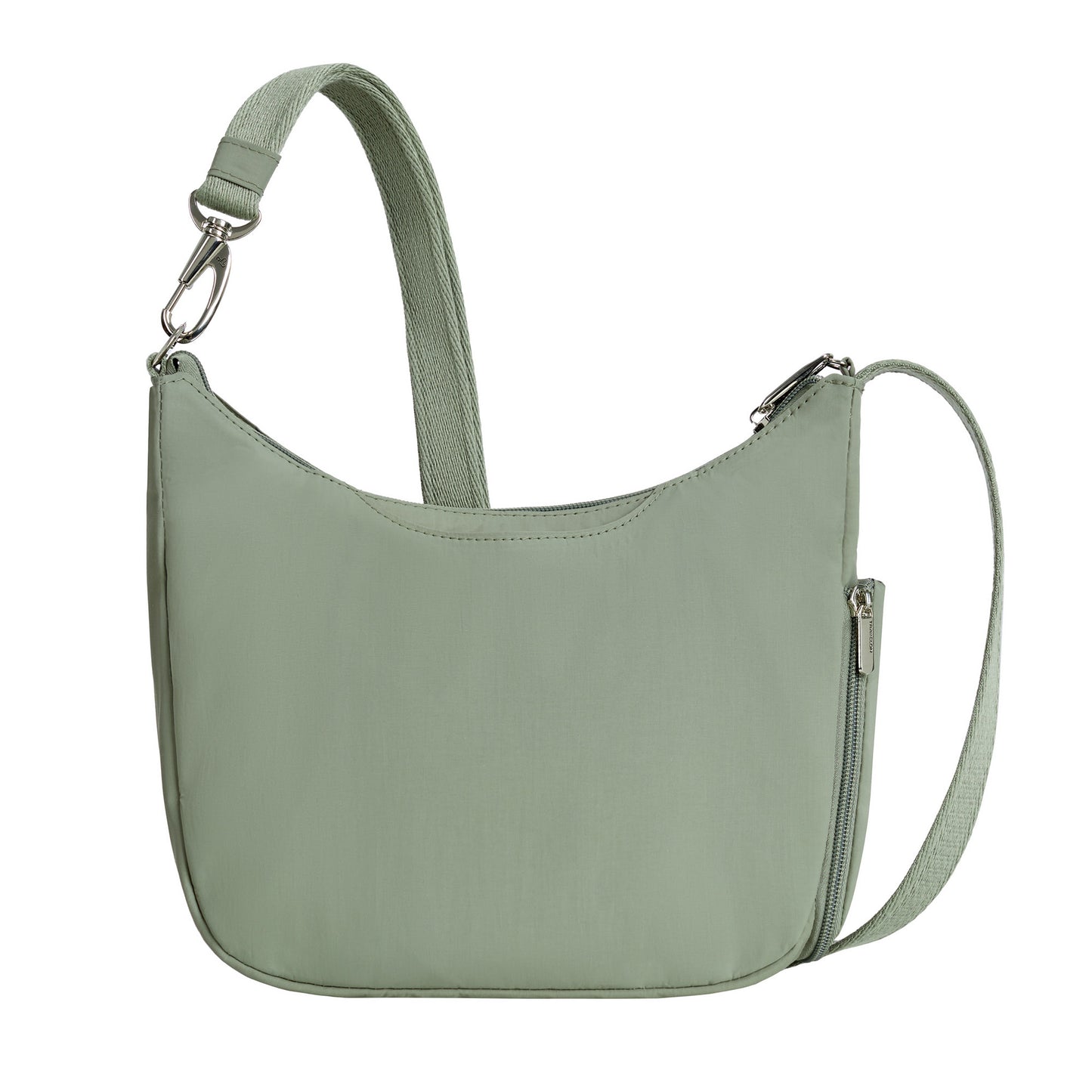 Back view of moss green Travelon Roam Anti-theft Medium Crossbody, adjustable strap, zipper closure, crafted from lightweight nylon.