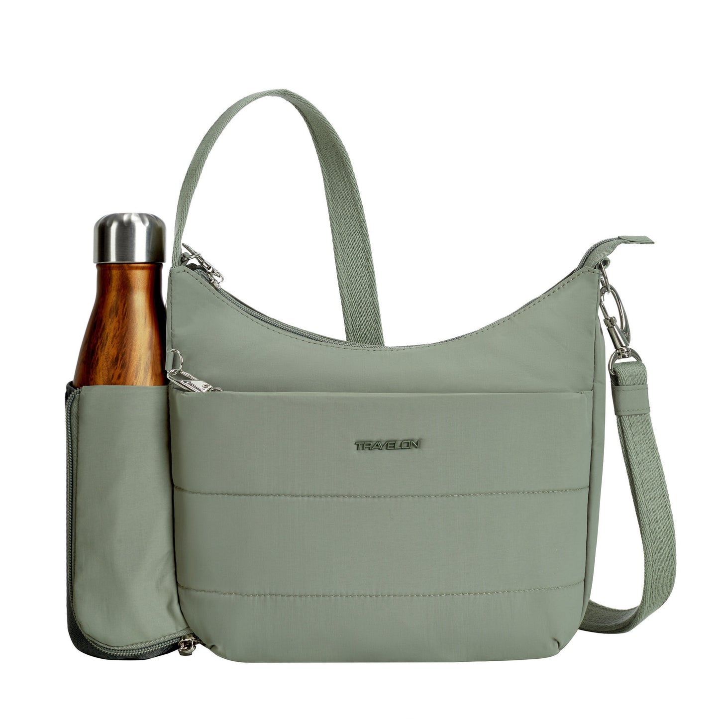 The Travelon Roam Anti-theft Medium Crossbody in moss green has an adjustable strap, zip closure, and metal bottle pocket.