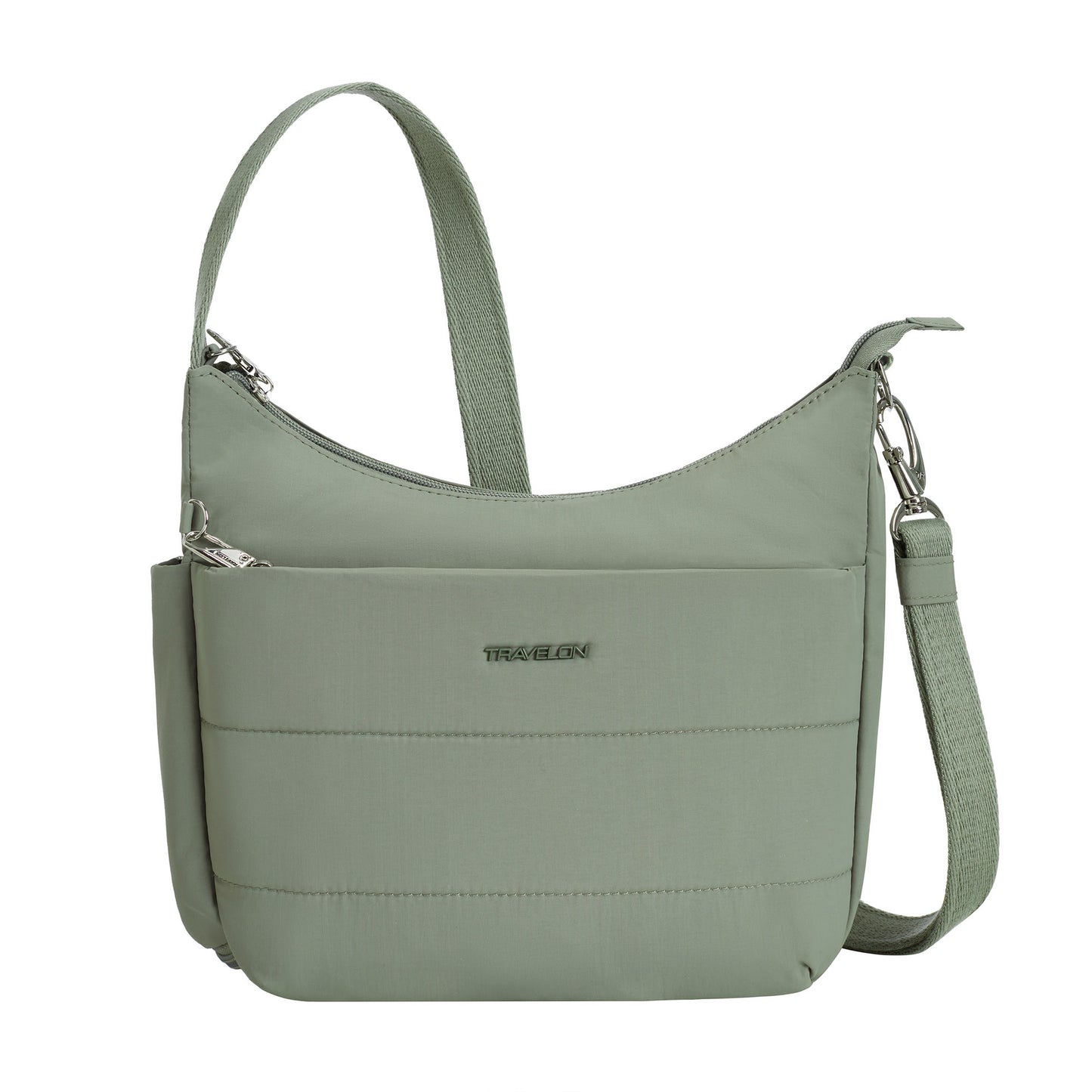 Travelon's Roam Anti-theft Crossbody: moss green nylon with curved top, detachable strap, and anti-theft security.