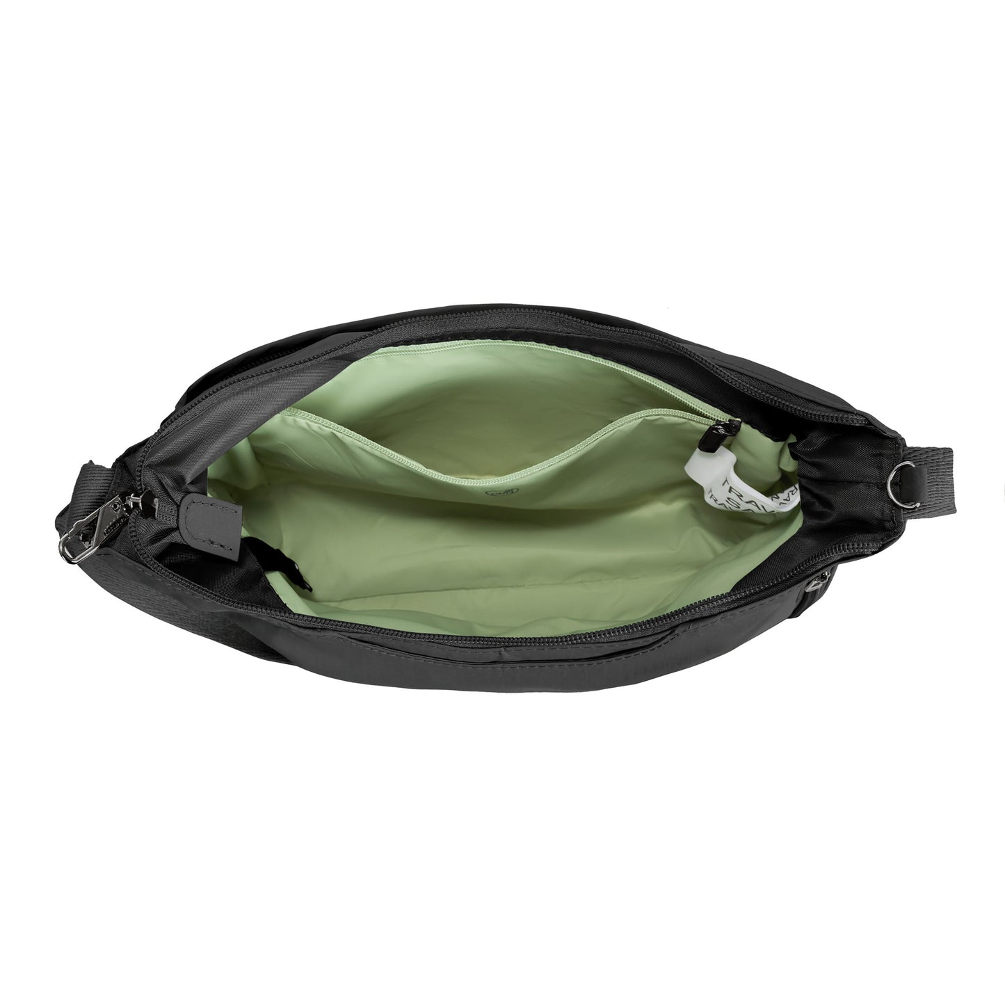 Travelon Roam Anti-theft Medium Crossbody inside view of black bag with green lining and zippered RFID pocket.