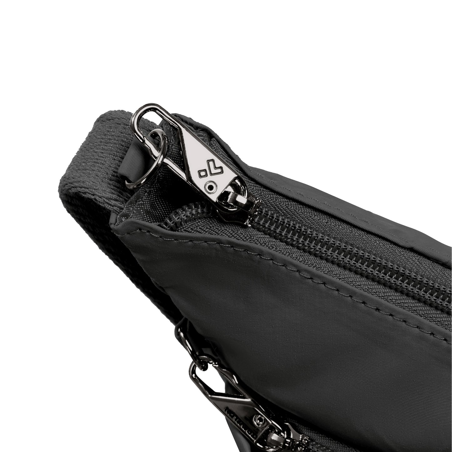 Close up of lockable zipper pull on black Travelon Roam Anti-theft Medium Crossbody.