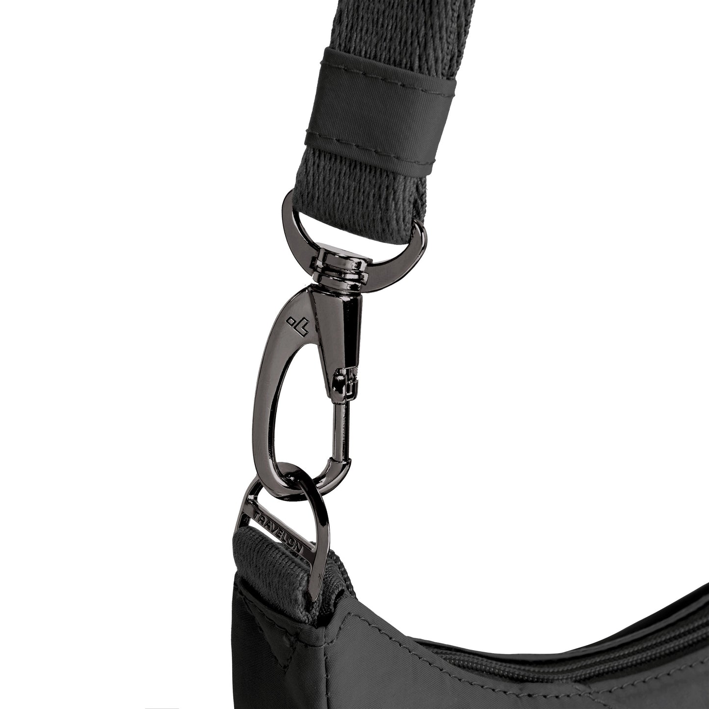 Close up of clip on strap of black Travelon Roam Anti-theft Medium Crossbody.