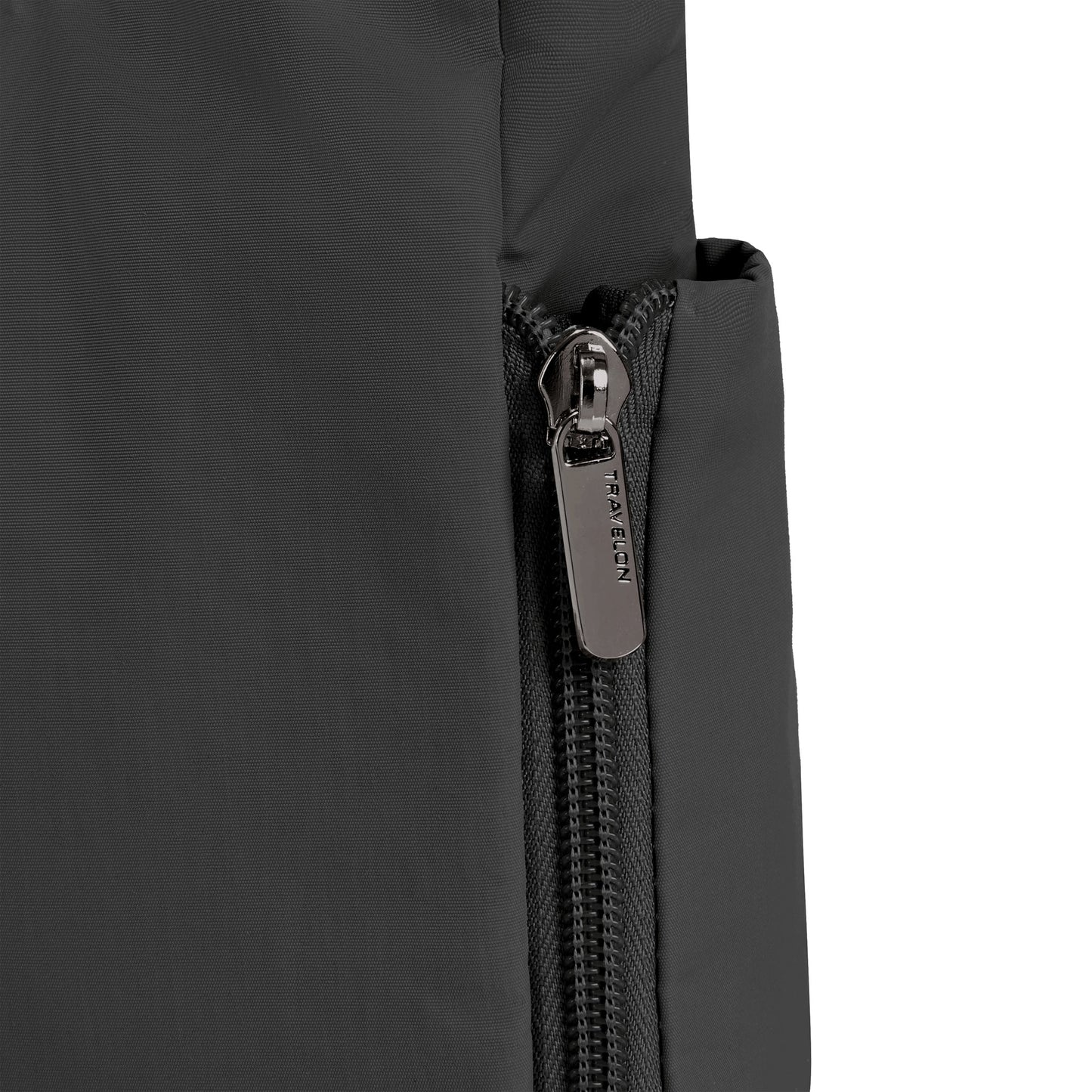 Close up of side zipper of black Travelon Roam Anti-theft Medium Crossbody.