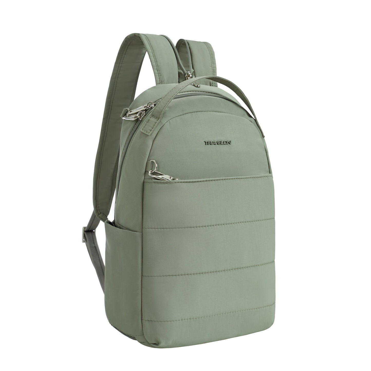 The Travelon Roam Anti-theft Backpack features multiple compartments, convertible design, shown upright on white.