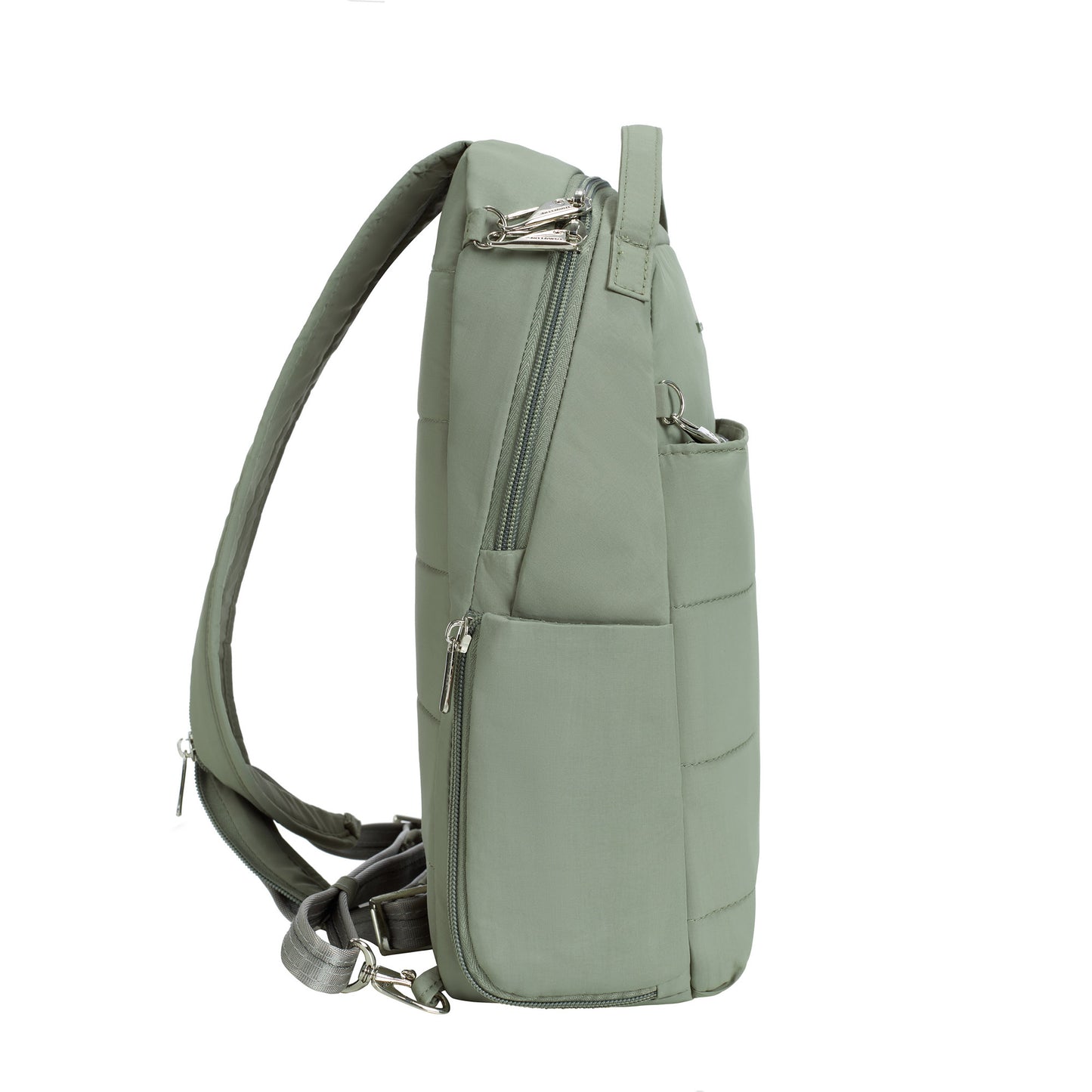 A side view of the Travelon Roam anti-theft backpack/sling with nylon, shoulder straps, a side pocket, and zipper closure.
