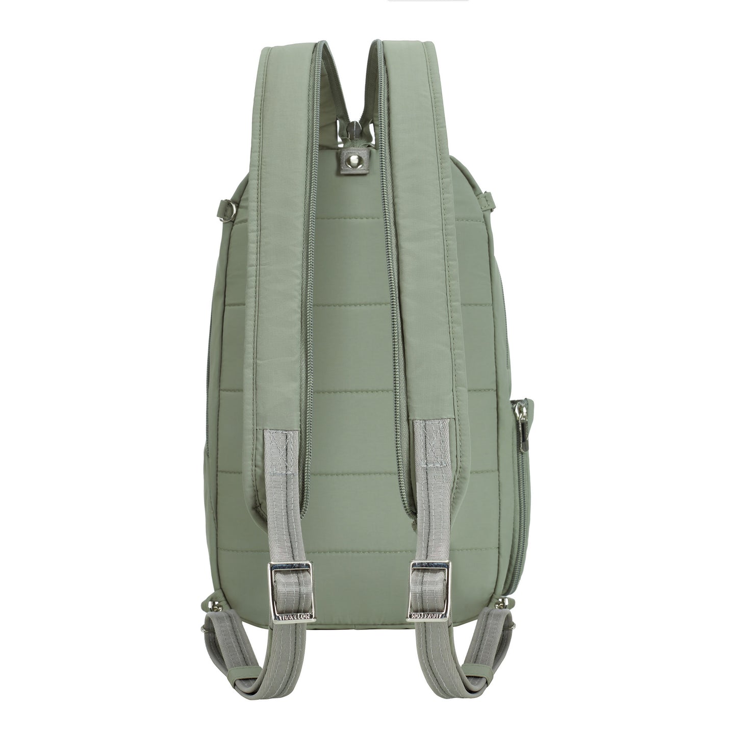Back view of a green Travelon Roam Anti-theft Convertible Backpack/Sling on a white background with silver buckles.