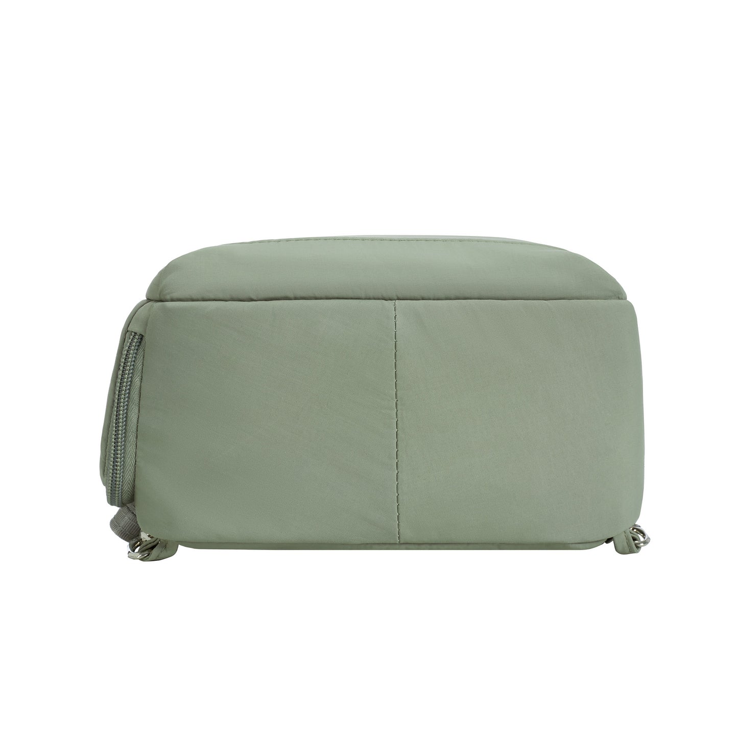 Bottom view of the moss Travelon Roam nylon bag with visible stitching and a side zipper.