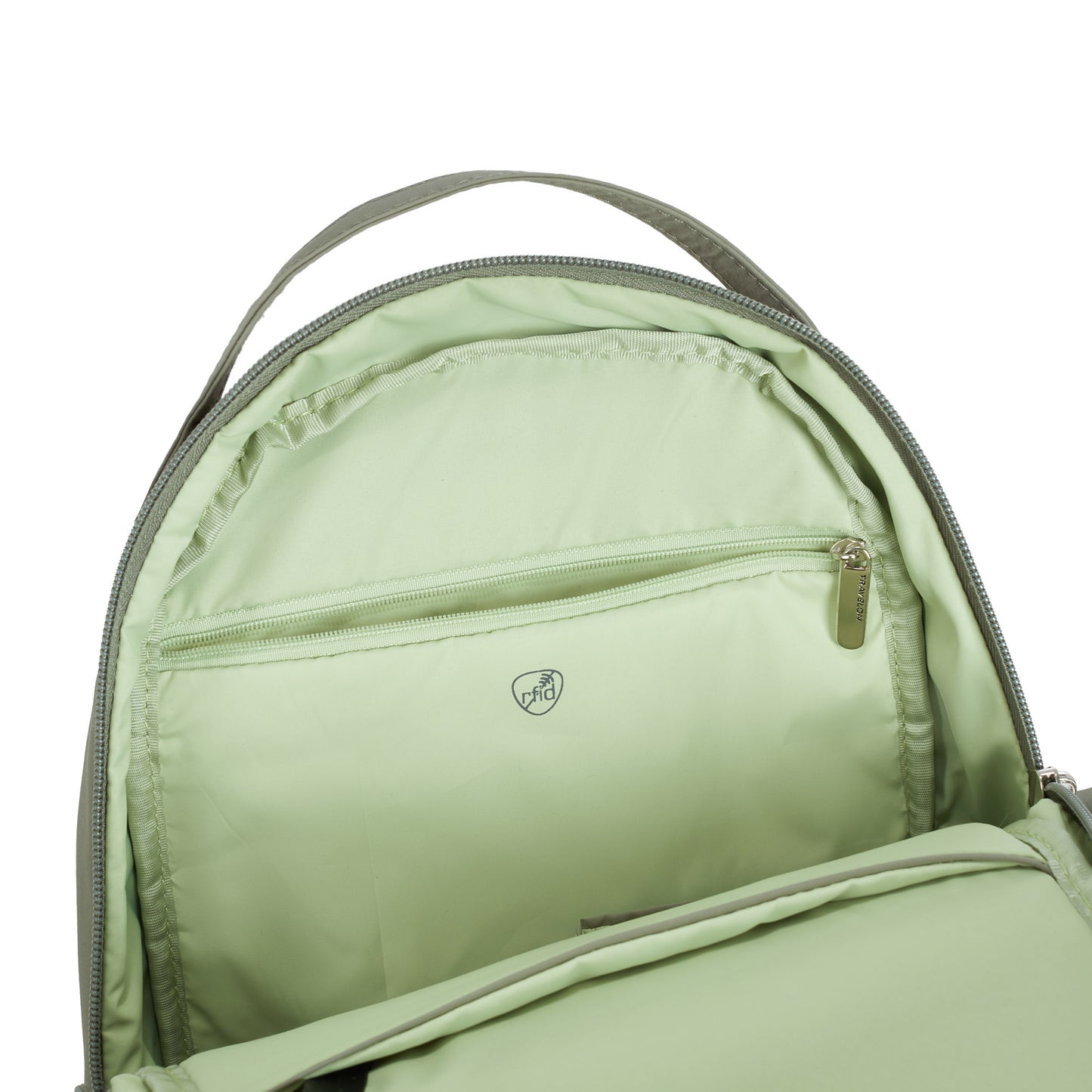 Inside view of moss Travelon Roam lconvertible backpack showing interior compartments and an anti-theft zipper pocket.