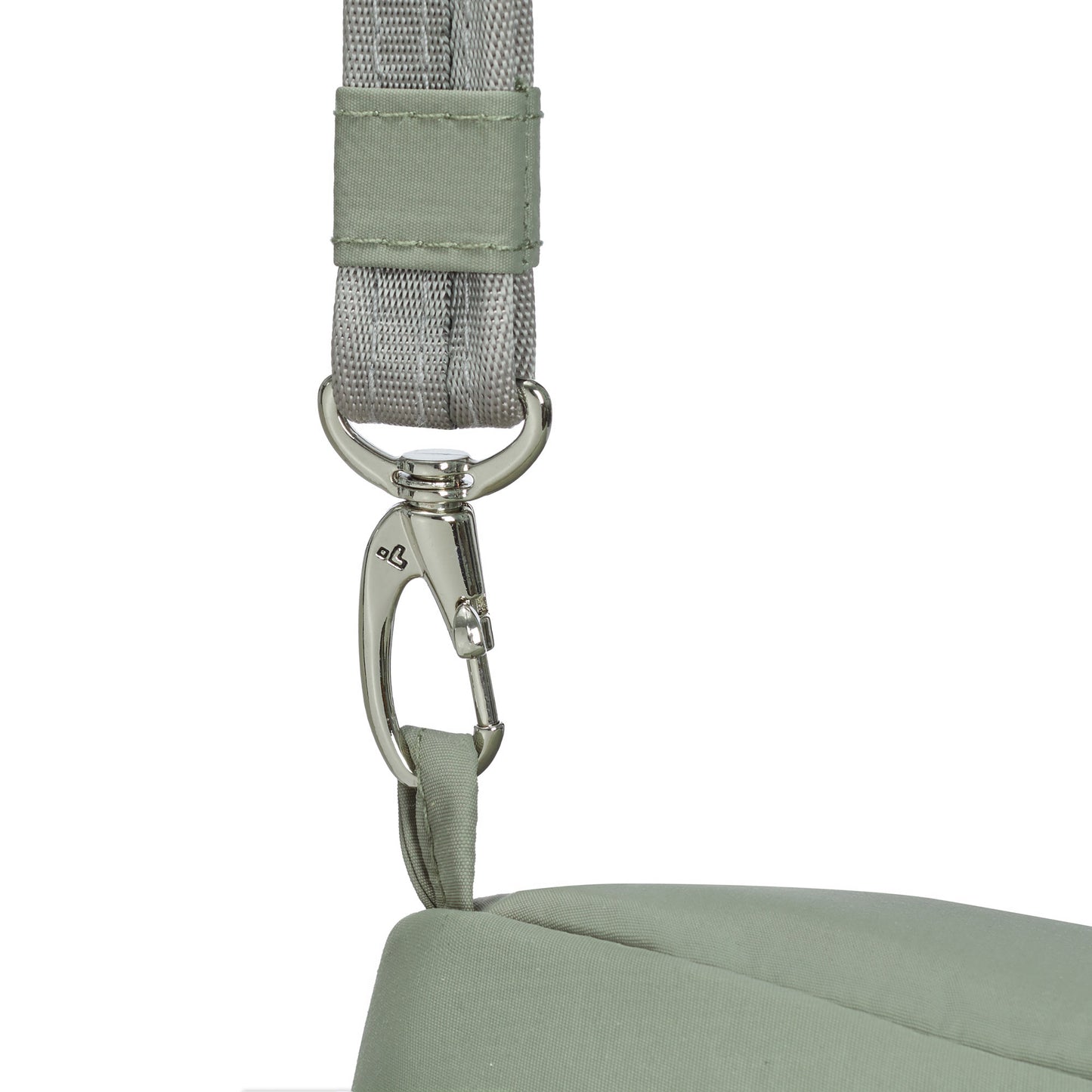 Close-up of a metallic swivel hook clasp connecting a gray strap to the Travelon Roam Anti-theft Bag.