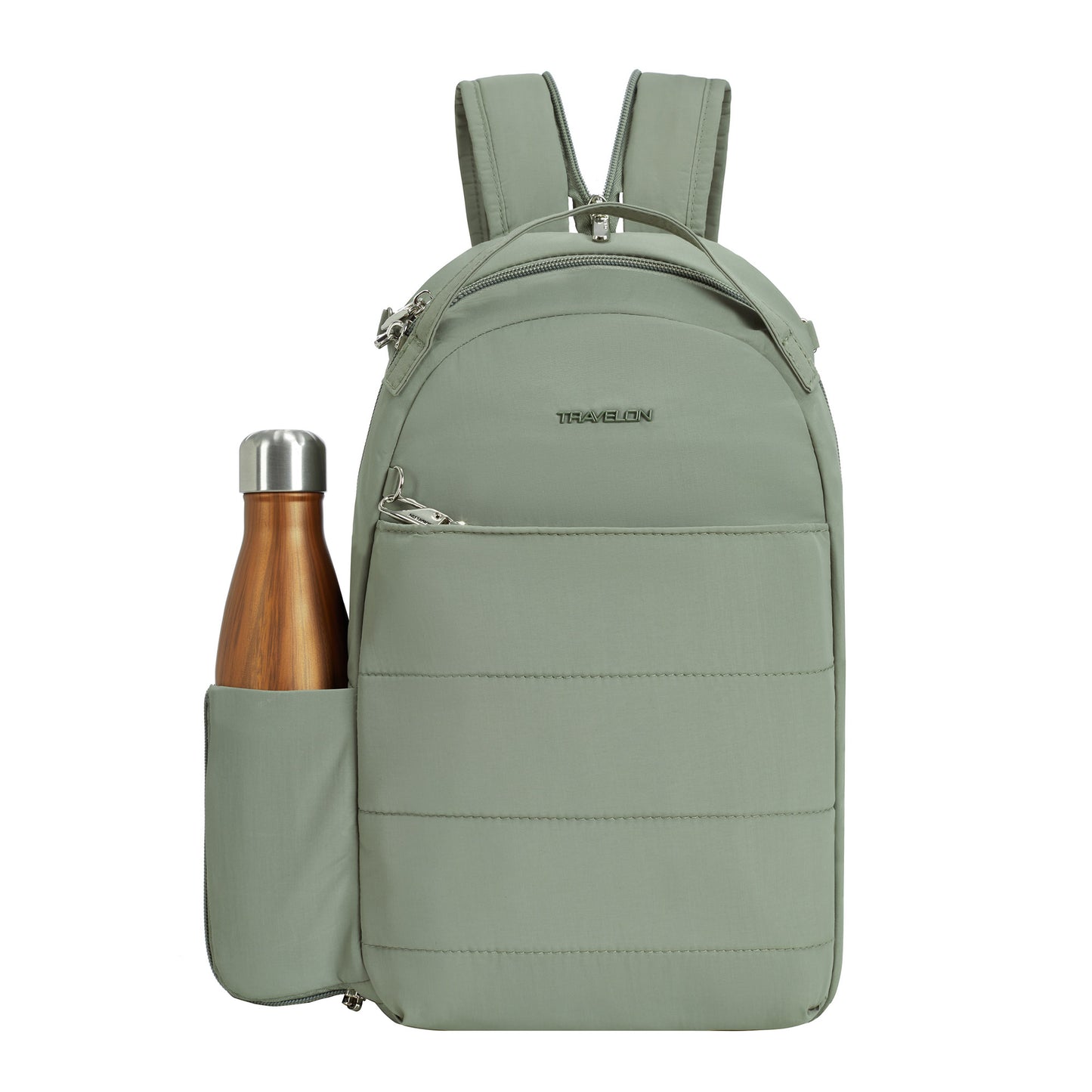 A Travelon Roam moss green convertible backpack with a front pocket and brown stainless steel bottle in its side pocket.