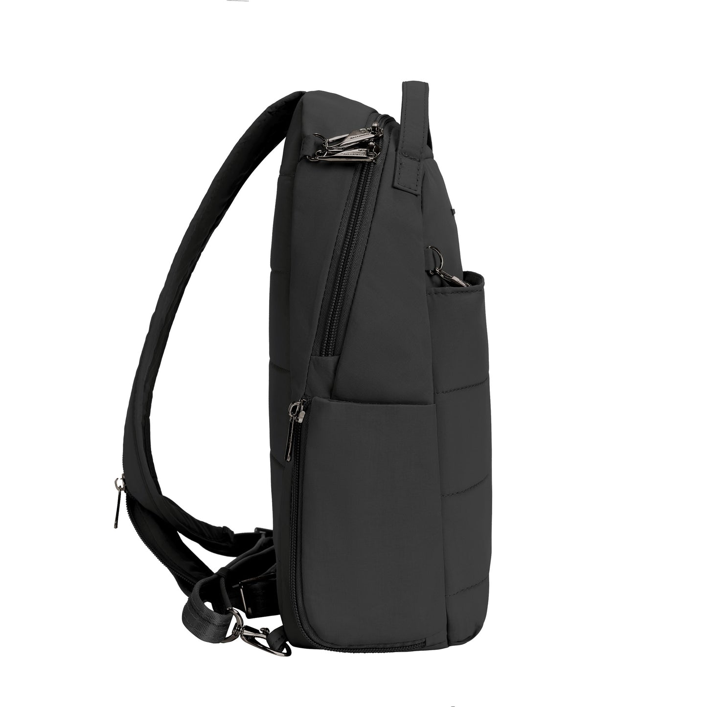 Side view of the Travelon Roam Anti-theft Convertible Backpack/Sling with padded straps and top handle on a white background.