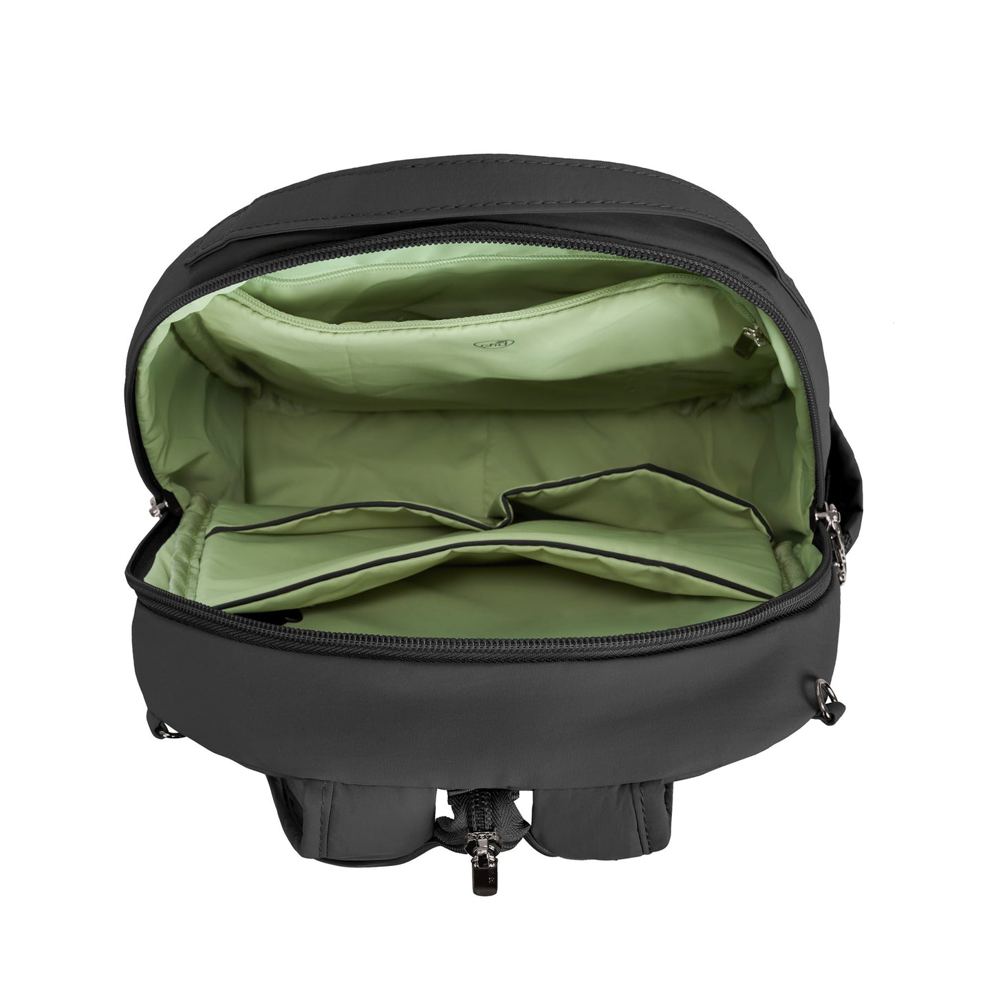 The Travelon Roam Anti-theft Backpack offers a lightweight nylon design with a green interior and multiple compartments.