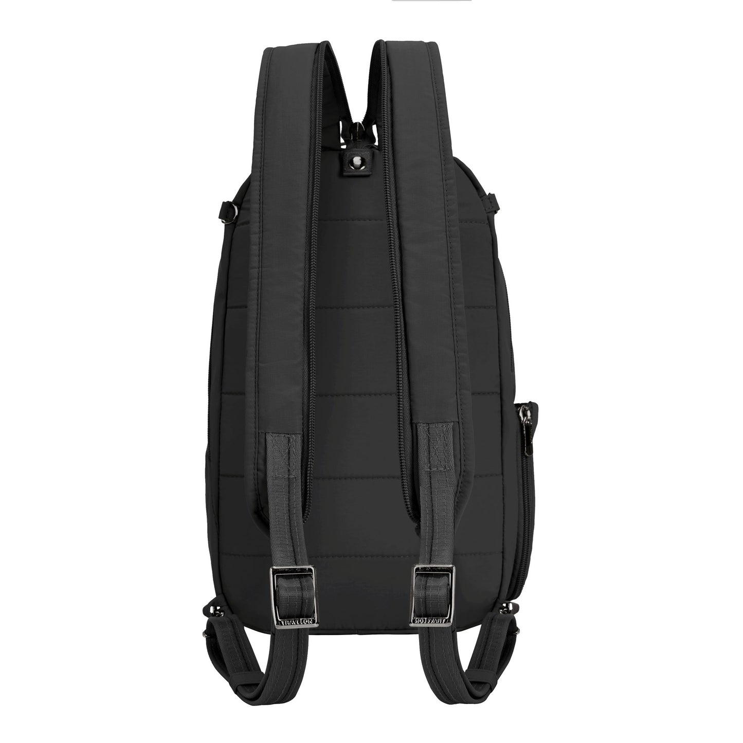 Travelon Roam Anti-theft Convertible Backpack/Sling in black with padded straps and silver buckles.