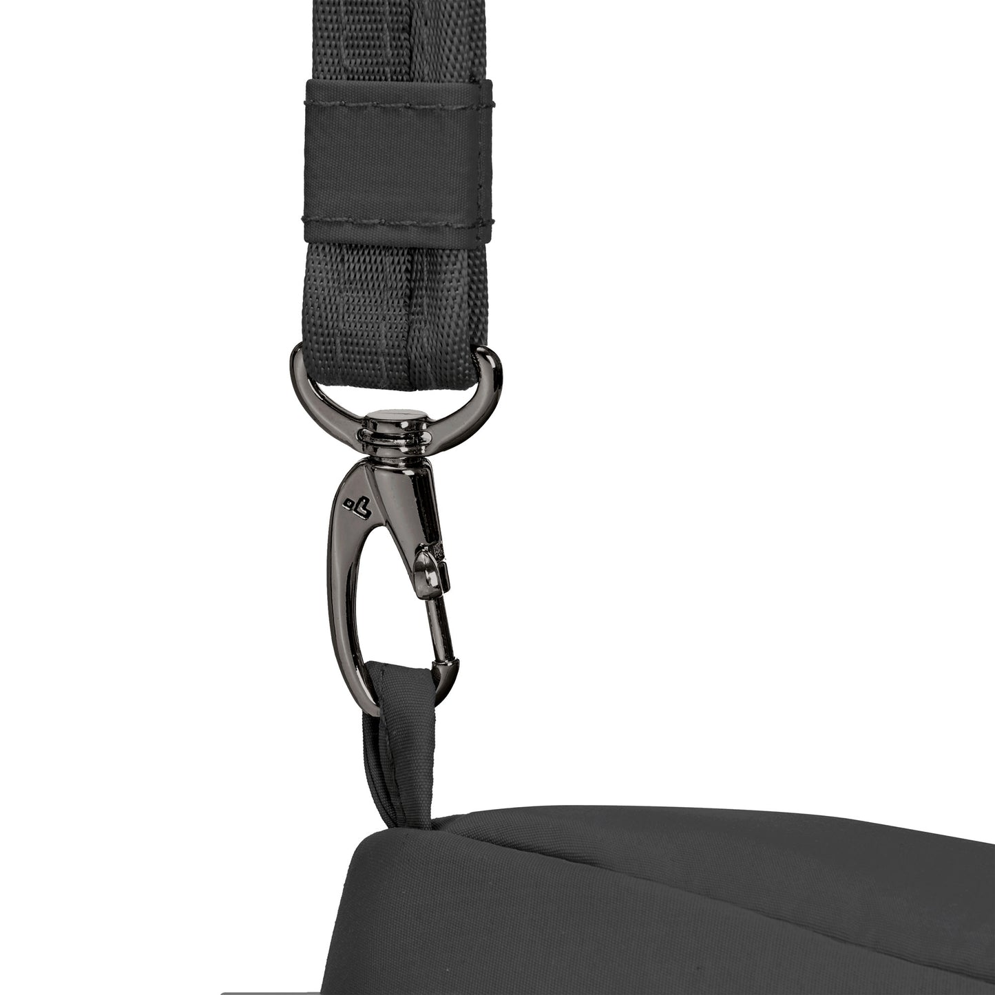 Close up of clip on strap of black Travelon Roam Anti-theft Convertible Backpack/Sling.
