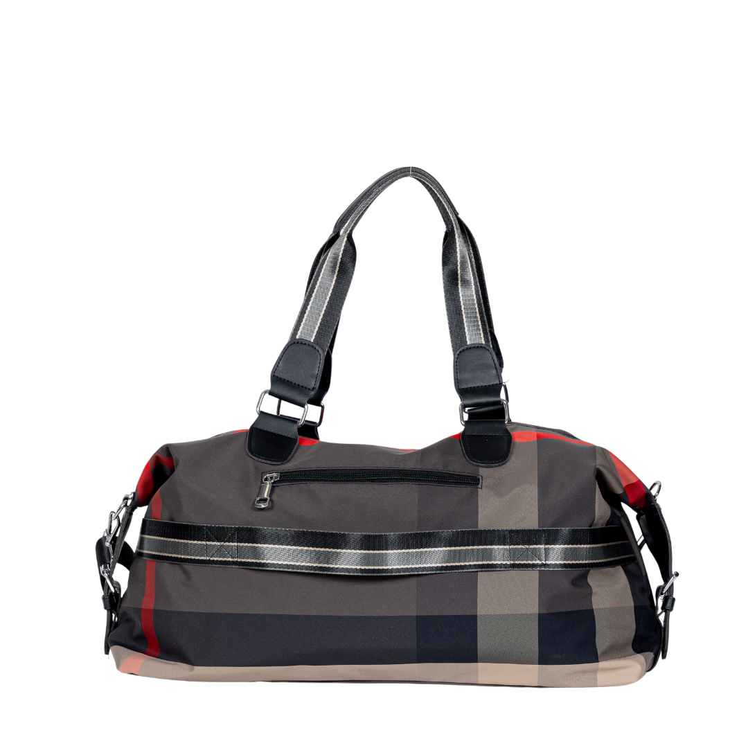 The Sayan Duffel plaid bag, lightweight with black handles, front zipper pocket, and silver accents.