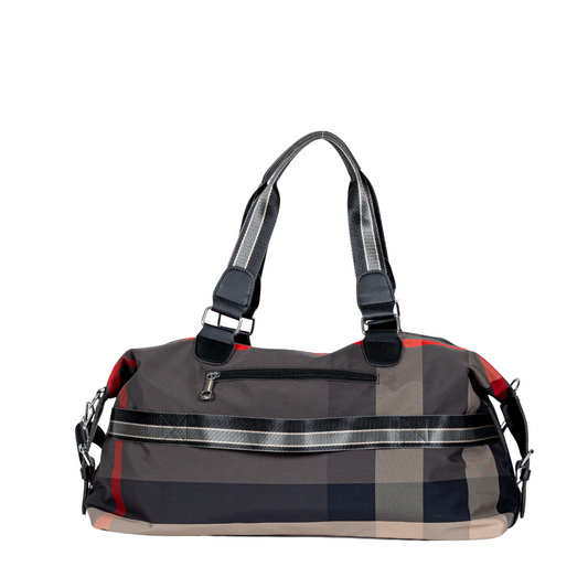 Product Image – The Sayan Duffel plaid bag, lightweight with black handles, front zipper pocket, and silver accents.