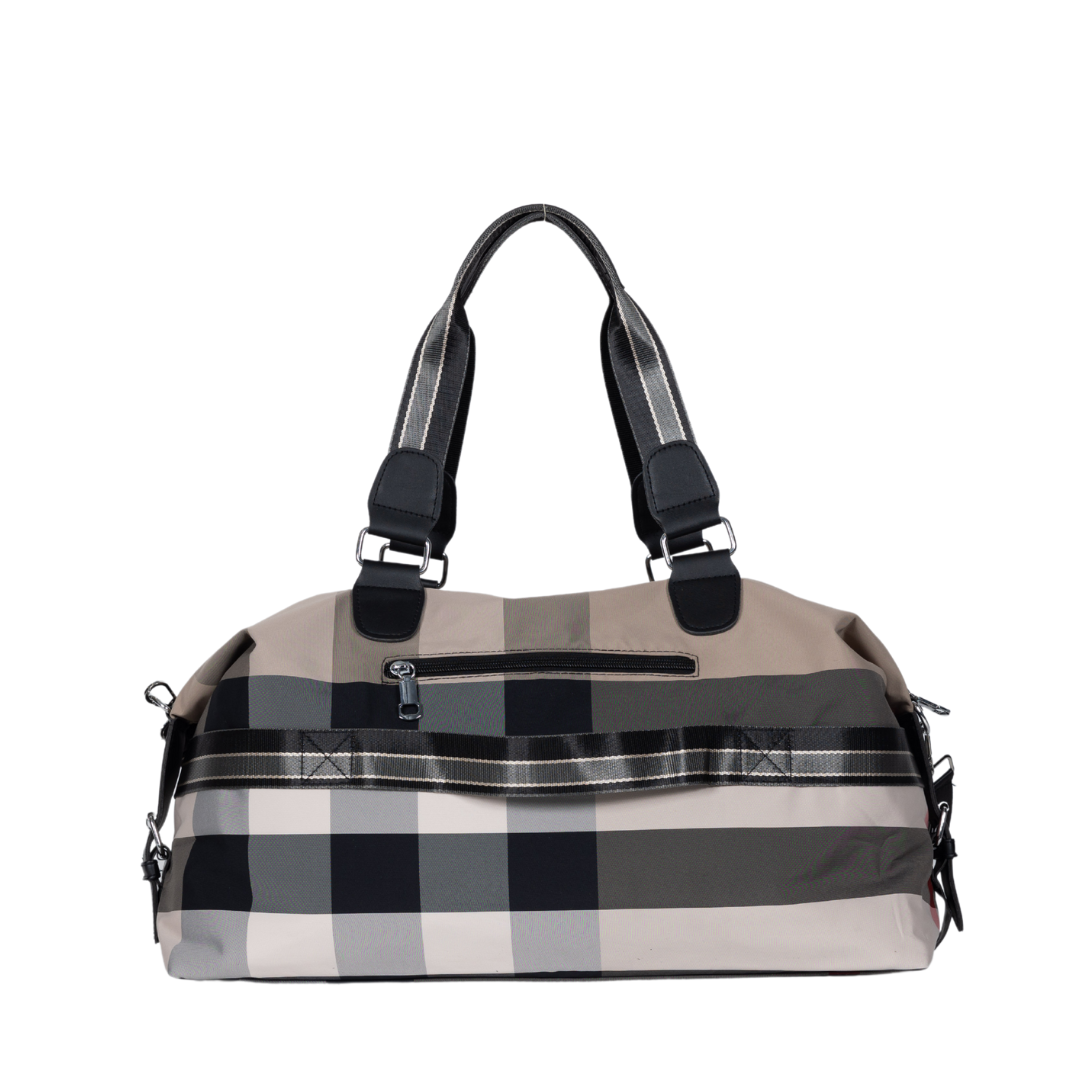 The Sayan Duffle Bag is a checkered carry-on with black handles, a front zipper pocket, in beige, black, and gray.