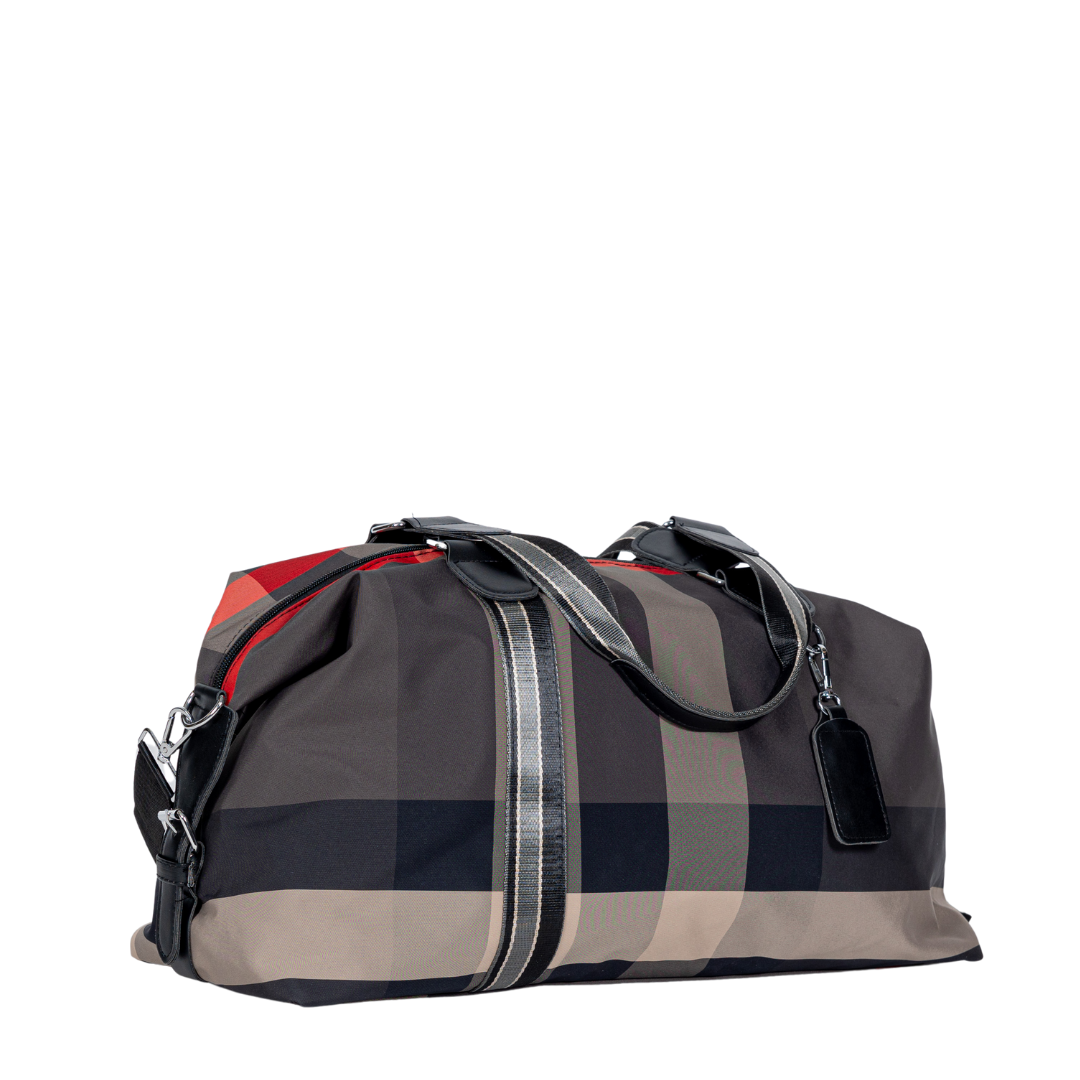 Sayan Duffle Bag, a plaid lightweight carry-on with black handles and a tag.