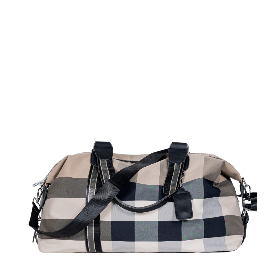 A lightweight, plaid-patterned Sayan Duffle Bag with black and beige checks and black handles.