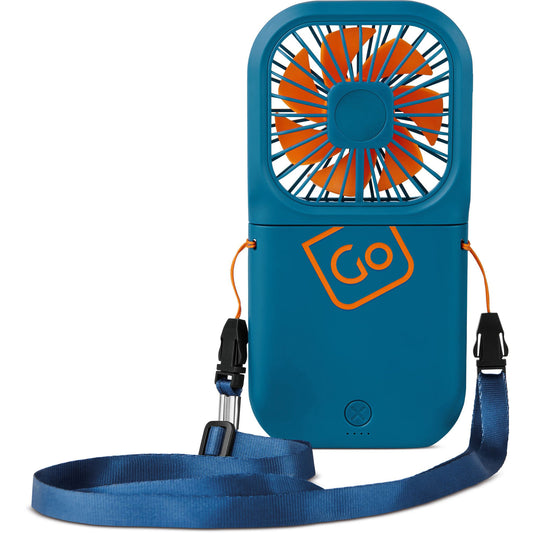 Product Image – Go Travel Flexi Fan: portable blue handheld fan with orange blades, "Go" logo, strap & USB-C rechargeable.