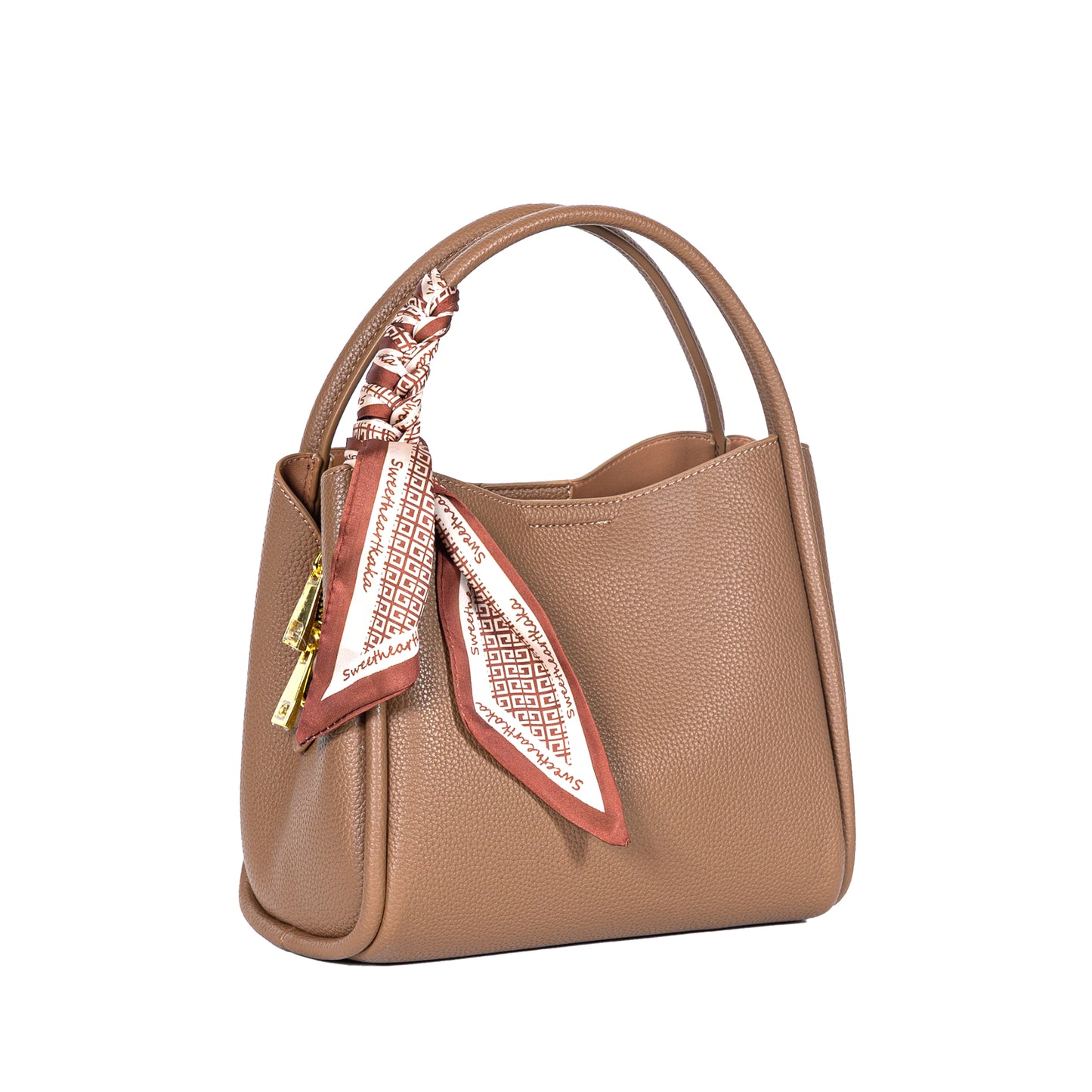 Miss Caprice Abby Tote: Brown with double handles, gold hardware, scarf, and spacious triple compartment interior.