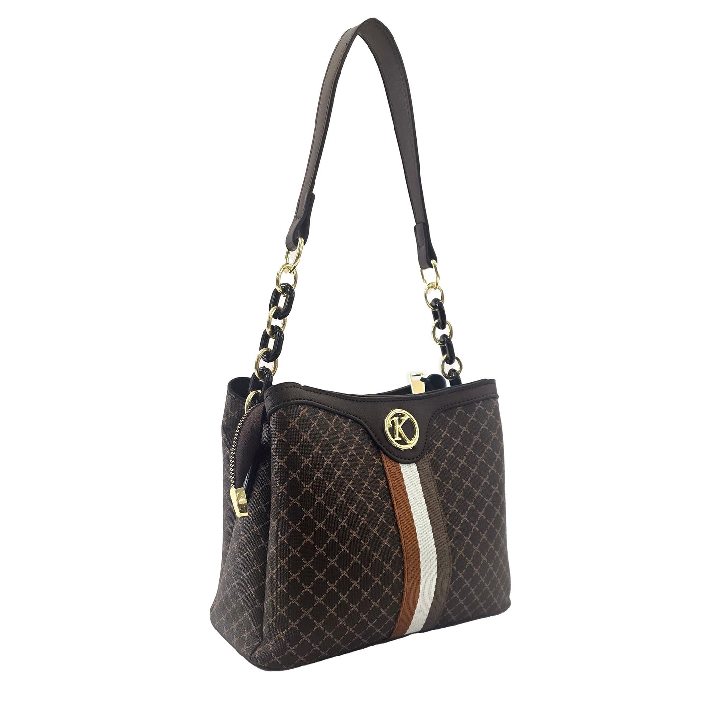 Miss Caprice Patterned Handbag with brown handle and top accent, angled view.