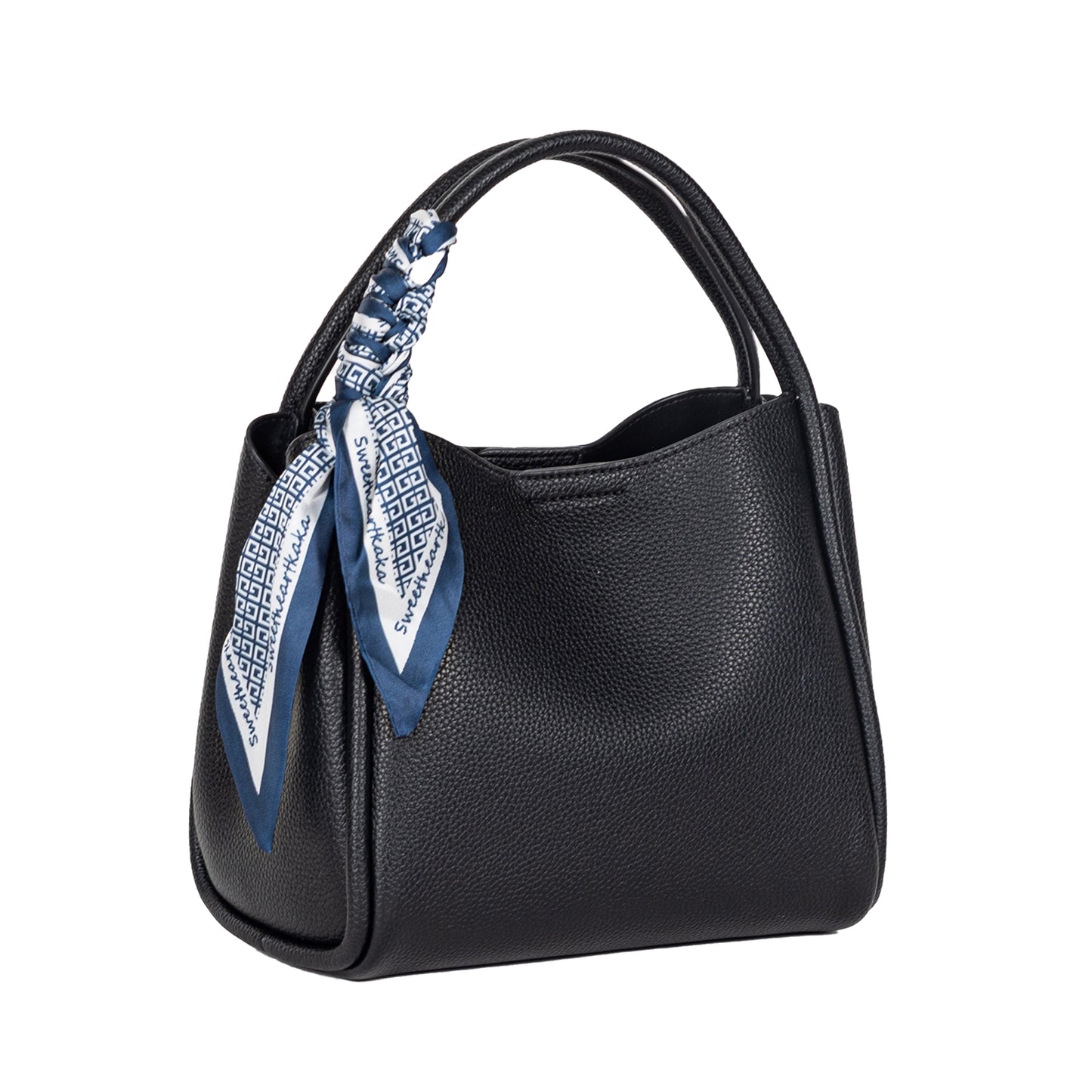 Miss Caprice Abby Tote, black with a blue scarf; spacious interior, adjustable strap.