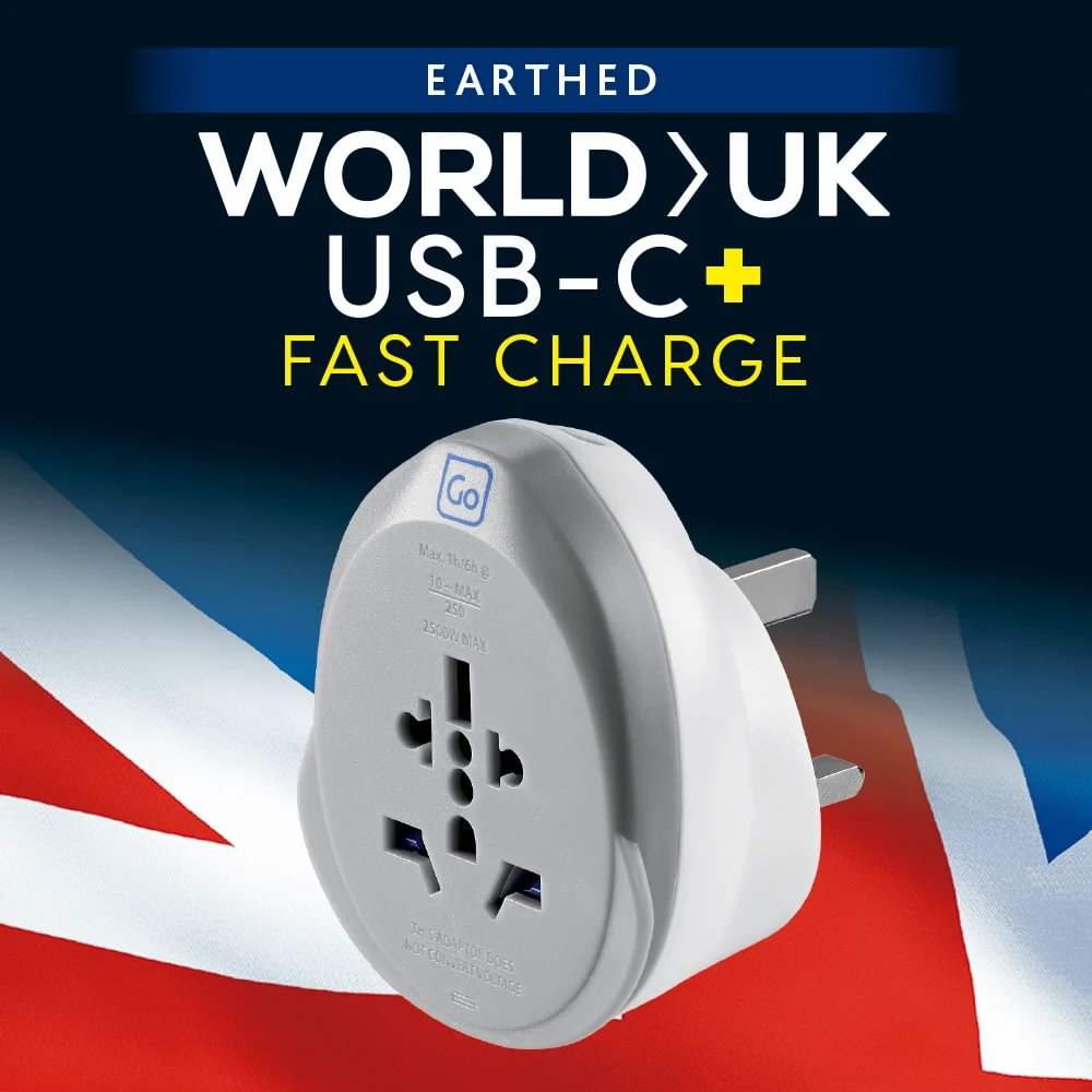 Go Travel World-UK USB-C Adaptor + (25W) offers fast charging, shown on a UK flag for global convenience.