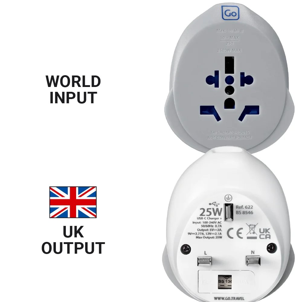 Go Travel World-UK USB-C Adaptor+ (25W) with earthed socket, UK flag, and labeled World Input/UK Output.