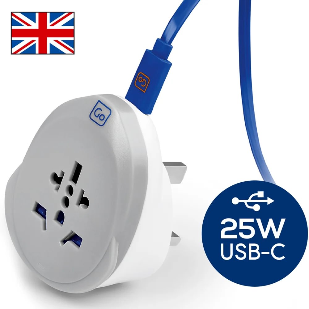 Go Travel World-UK USB-C Adaptor+ (25W) by Go Travel, UK plug with fast charge, blue cable, UK flag shown.