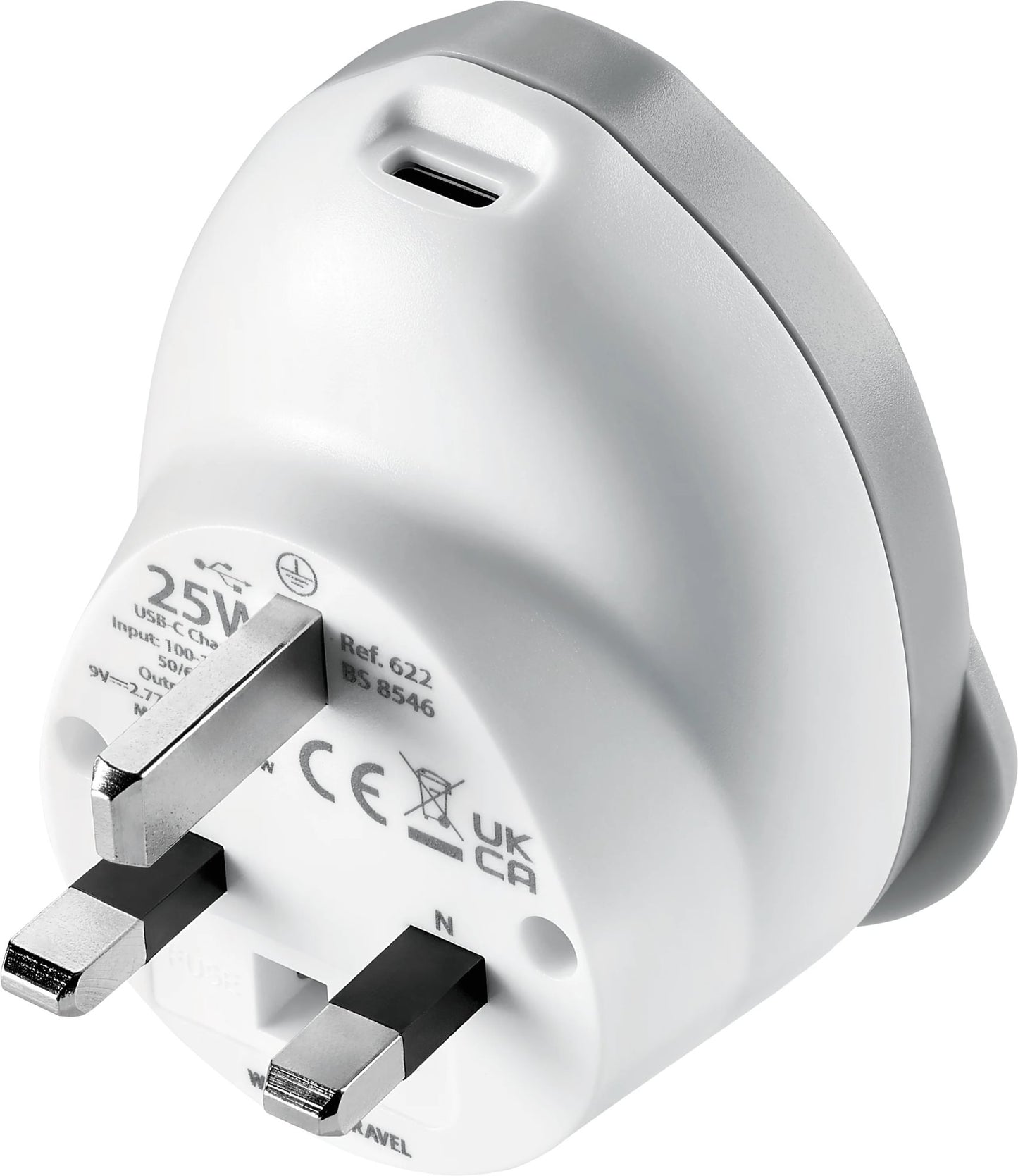 Go Travel World-UK USB-C Adaptor + (25W), white UK plug fast charger with voltage and certification details.