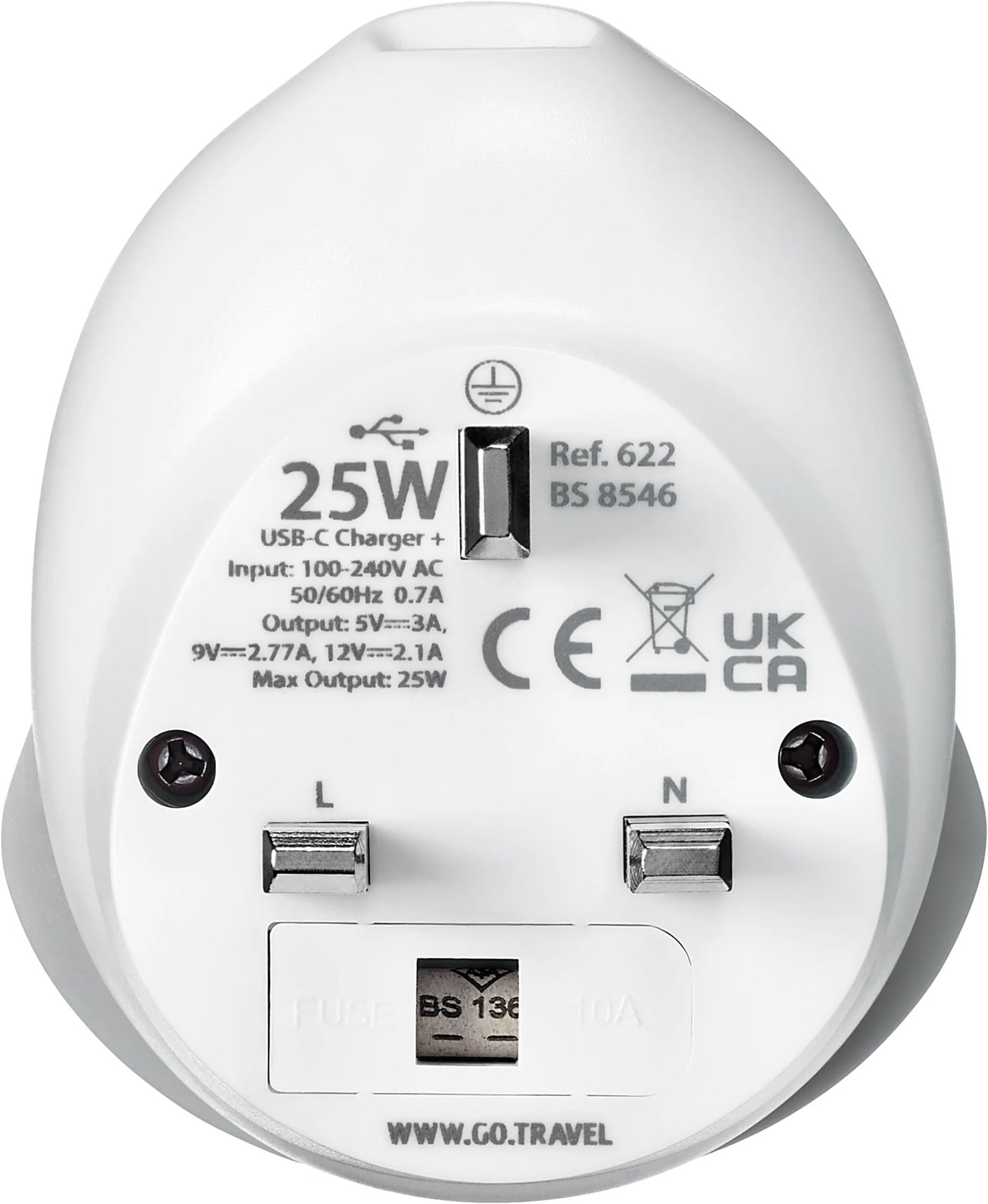 Go Travel World-UK USB-C Adaptor + (25W) charger, white, with specs, safety marks & fuse slot.