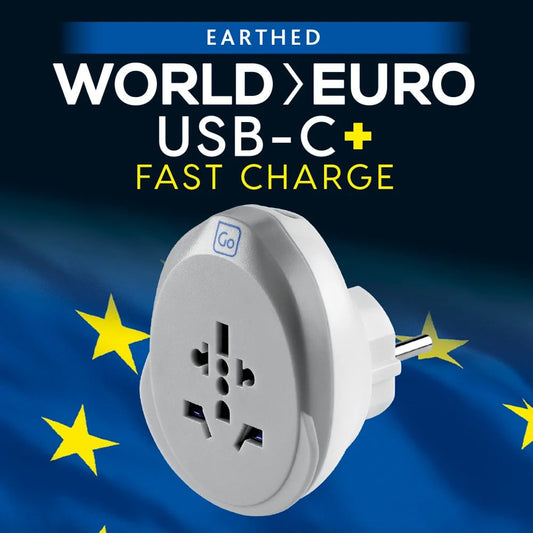 Product Image – Go Travel World-EU USB-C Adaptor + (25W): Safe, fast worldwide charging with a white earthed EU plug.