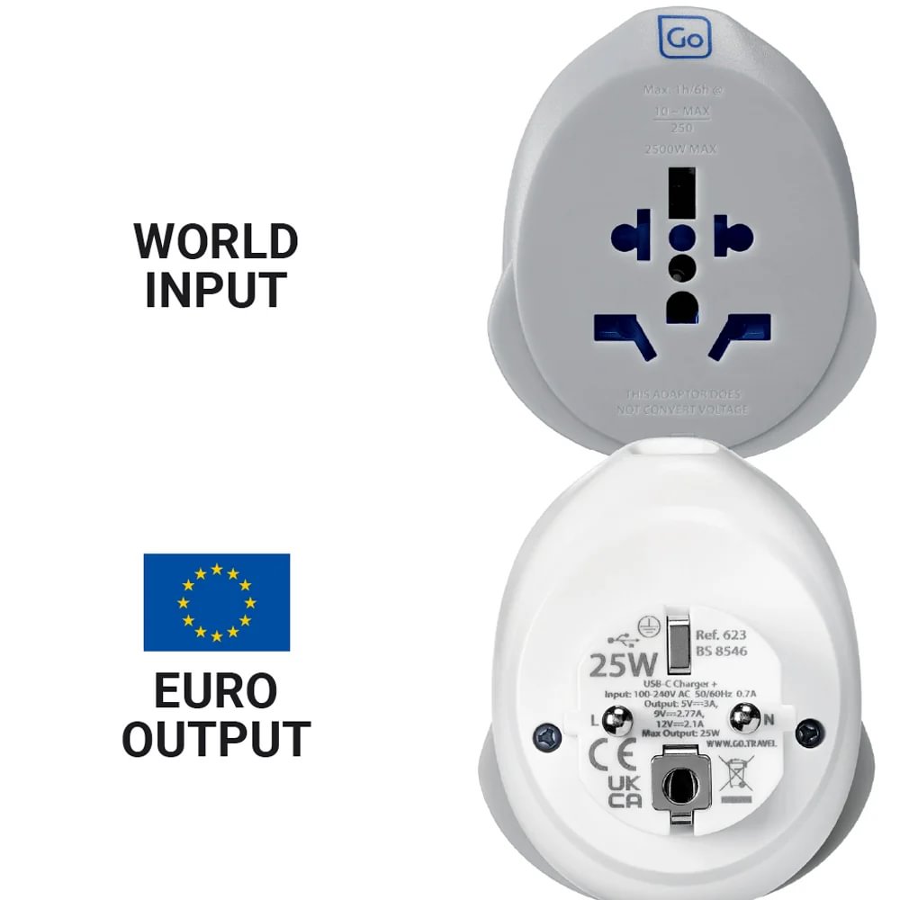 Go Travel World-EU USB-C Adaptor + (25W): universal earthed adaptor with fast charge and EU flag label.