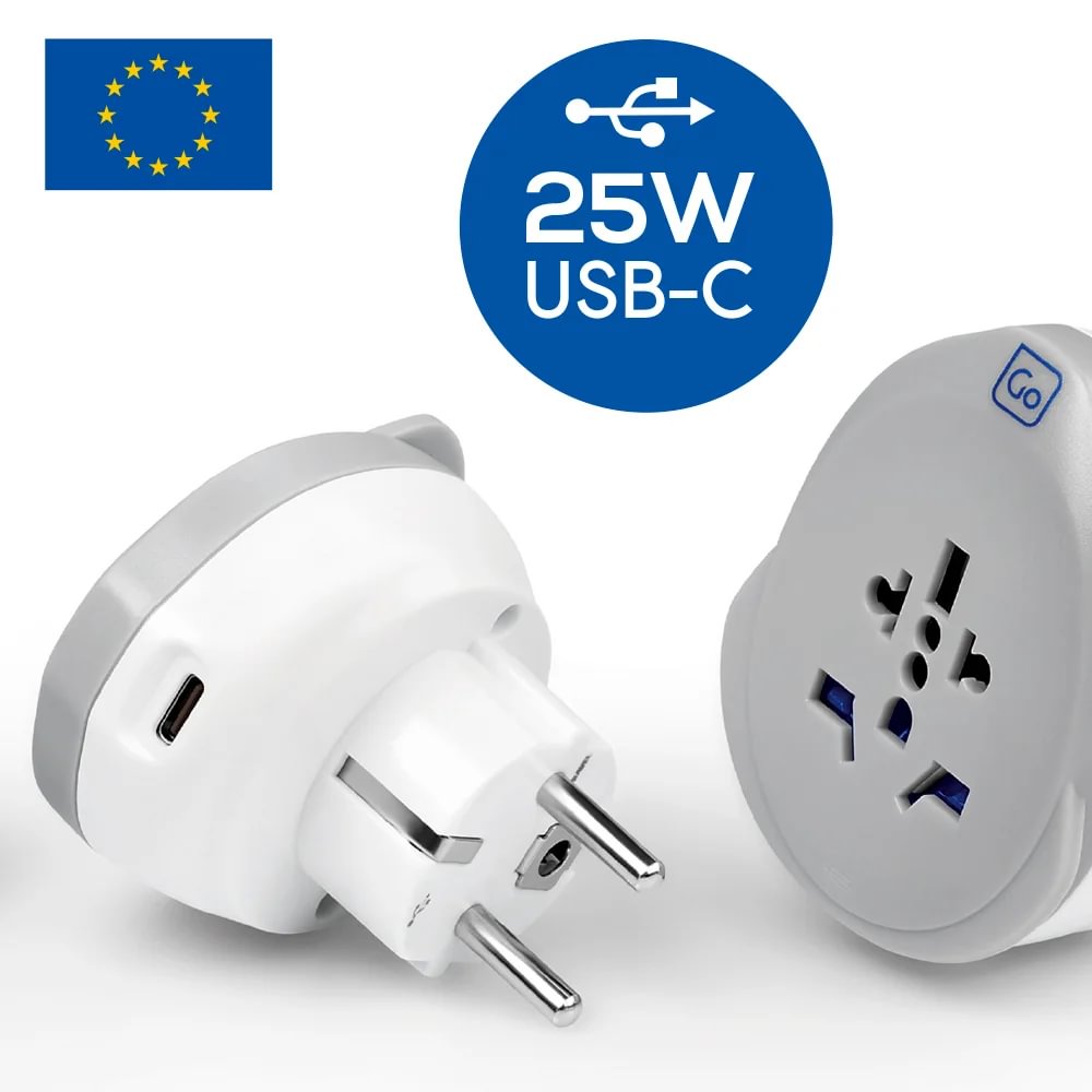Go Travel World-EU USB-C Adaptor + (25W): fast charge, earthed EU socket, European plug, by Go Travel.