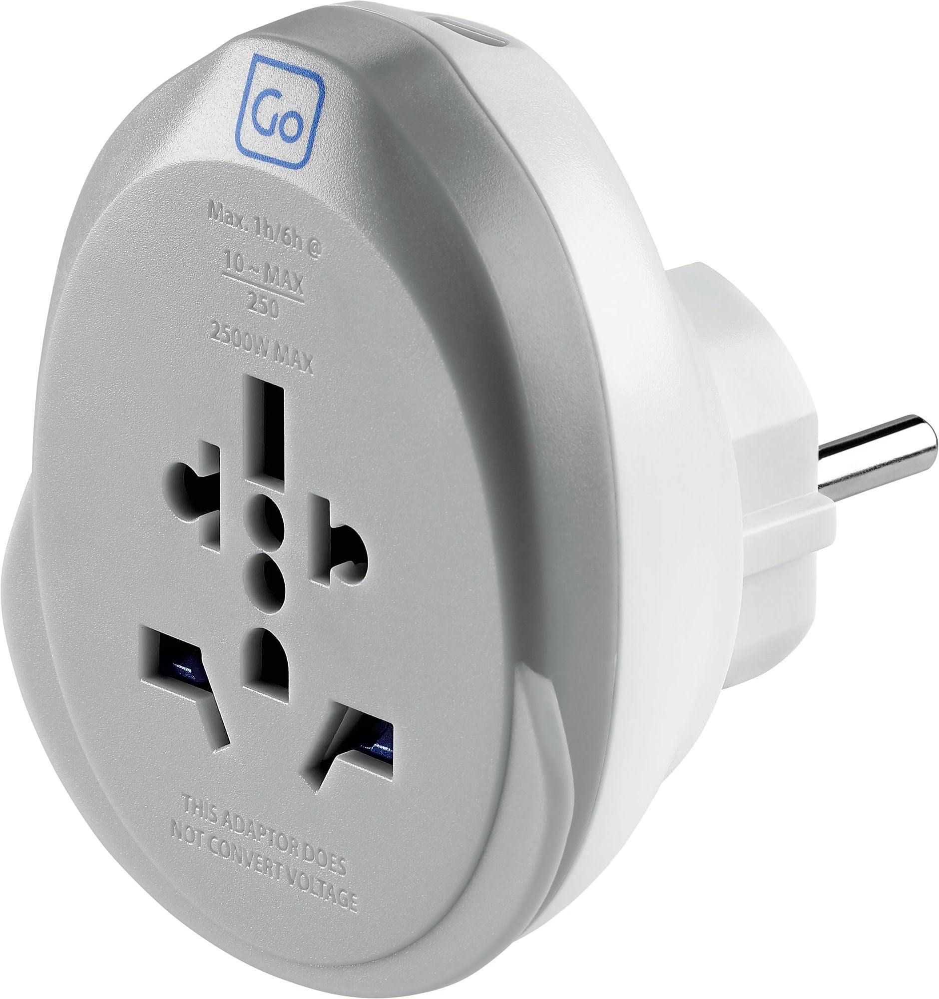 Go Travel World-EU USB-C Adaptor + (25W): Multi-socket adaptor with 2-prong plug and fast charge for global use.