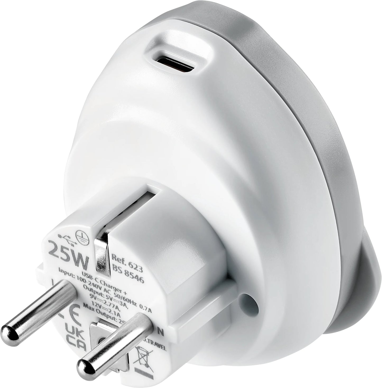 Go Travel World-EU USB-C Adaptor + (25W), white fast charger with dual round prongs and plug specs.