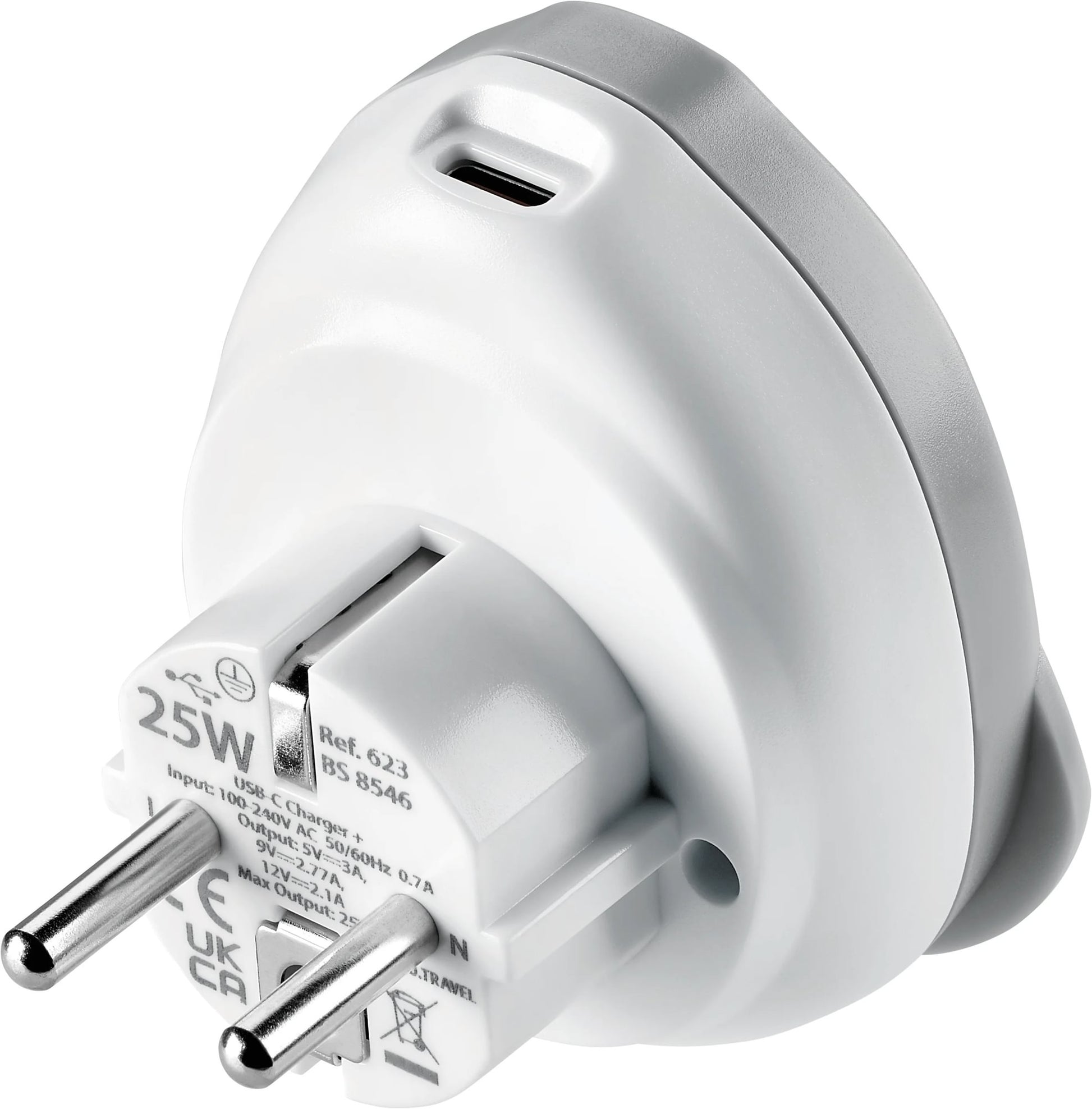 Go Travel World-EU USB-C Adaptor + (25W), white fast charger with dual round prongs and plug specs.