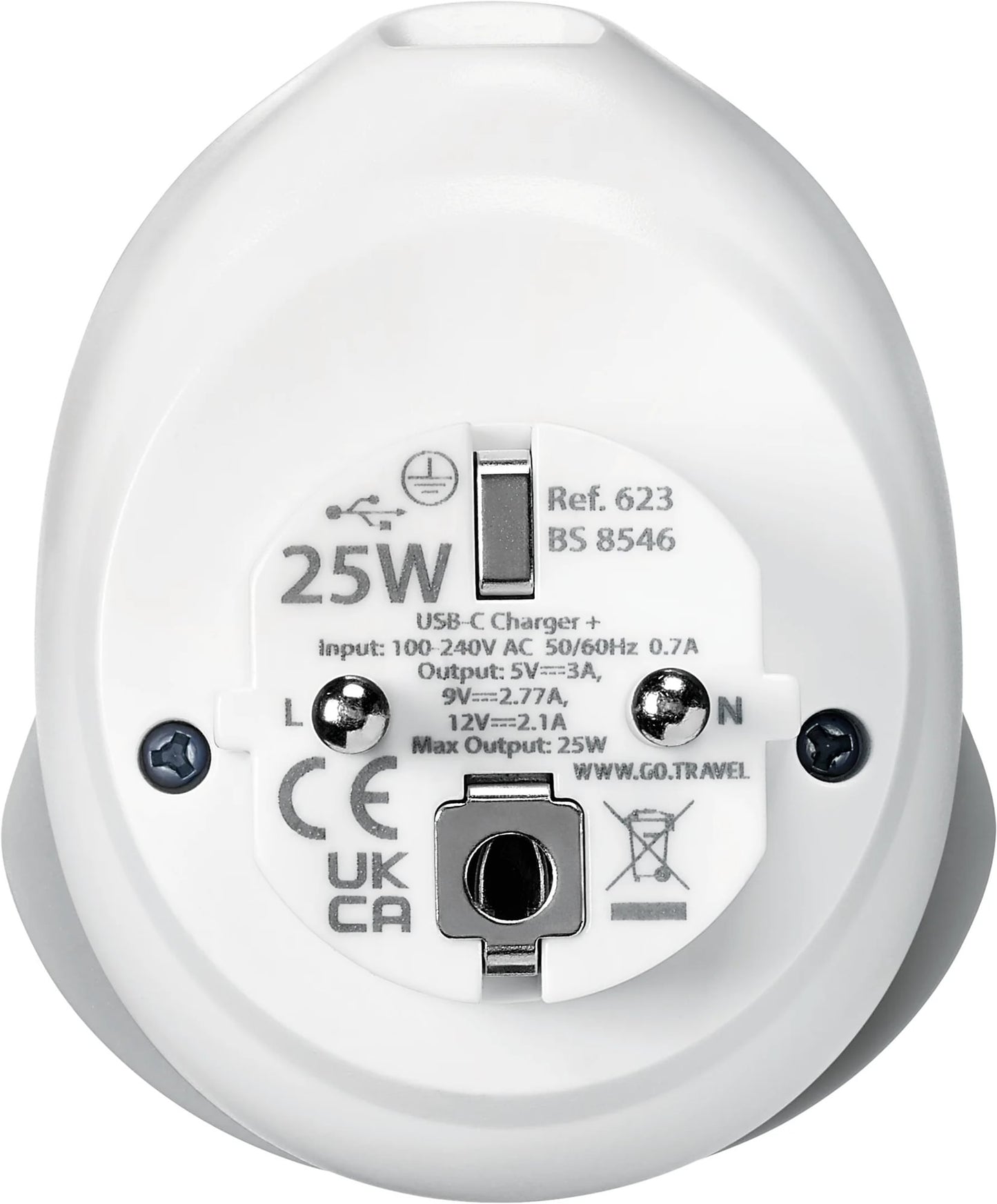 Back view of Go Travel World-EU USB-C Adaptor + (25W) shows specs, input/output details, and certifications.