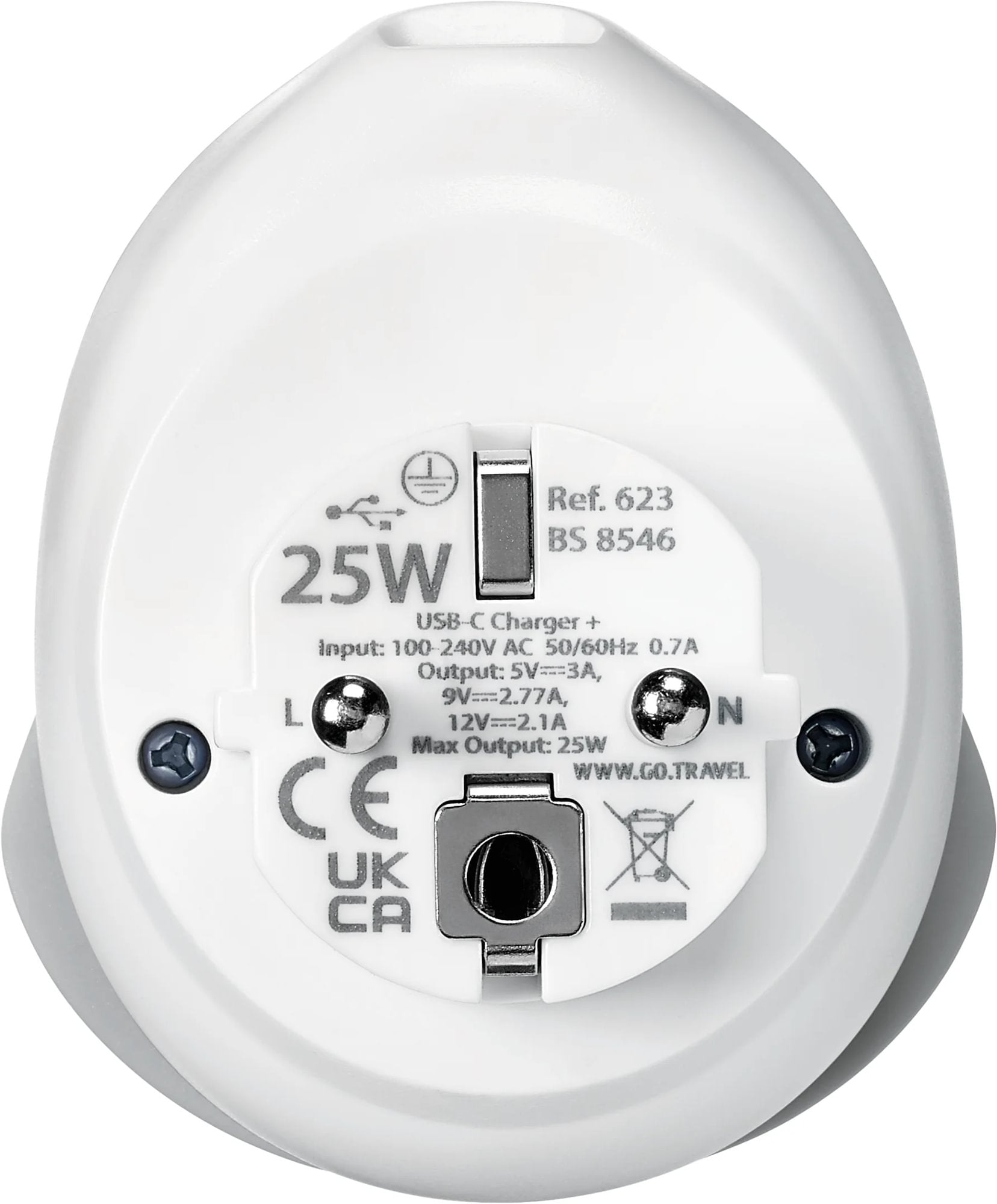 Back view of Go Travel World-EU USB-C Adaptor + (25W) shows specs, input/output details, and certifications.